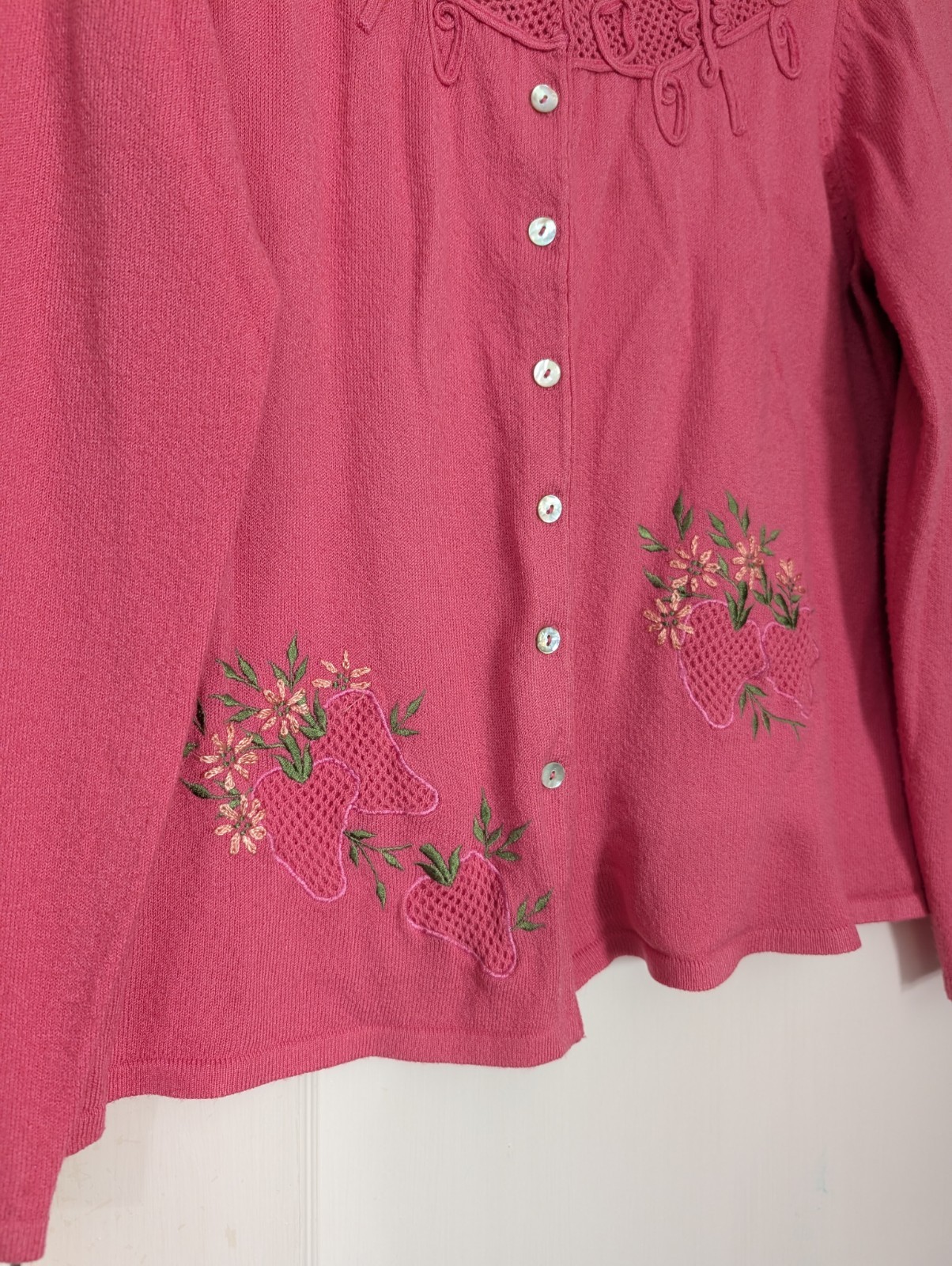 Vtg April Cornell Strawberry Embroidered Cardigan L Pink Hong Kong Cottagecore