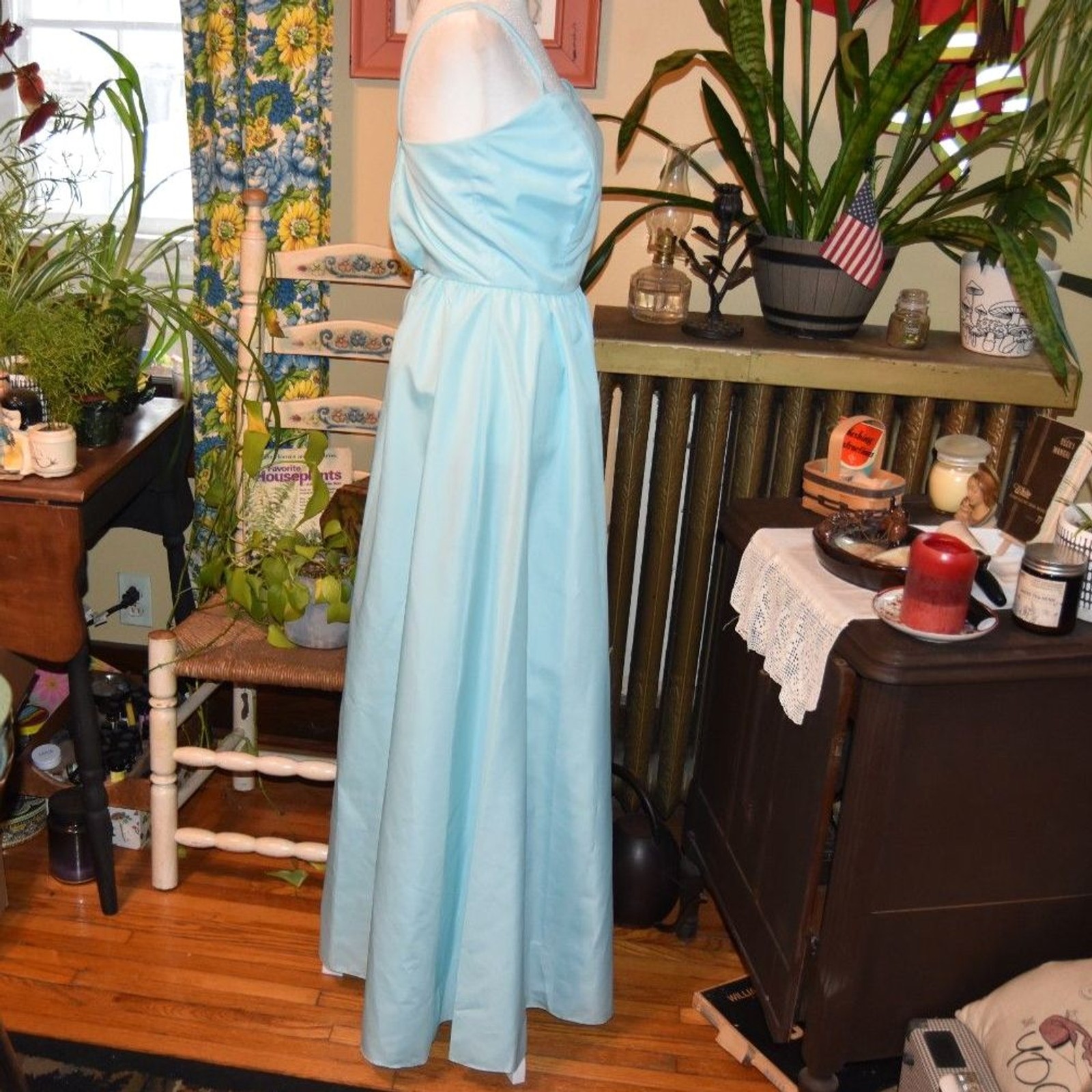 Vintage 1970s Powder Blue Satin Dress Spaghetti Strap Sweetheart Maxi Size XS