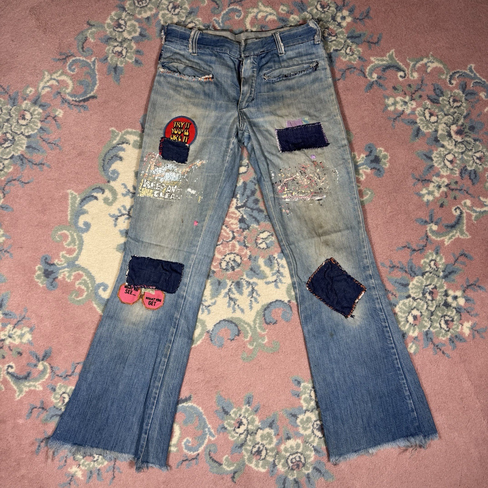 Rare Vintage 60s 70s Patched Denim Women’s Bell Bottoms Jeans Made In USA 28×29