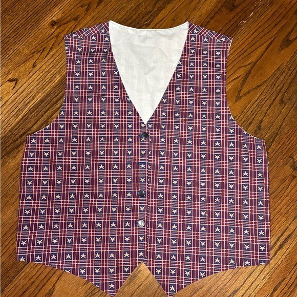 Handmade Americana Star Print Patriotic Button Front Vest Red White Blue XL