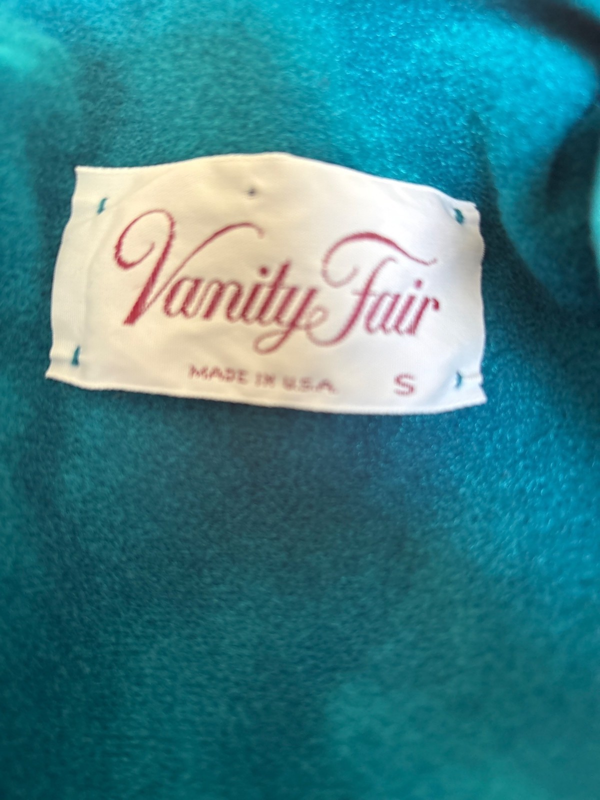 Vintage Vanity Fair Teal Embroider Robe Zip Front 3/4 Sleeves Small Made In USA