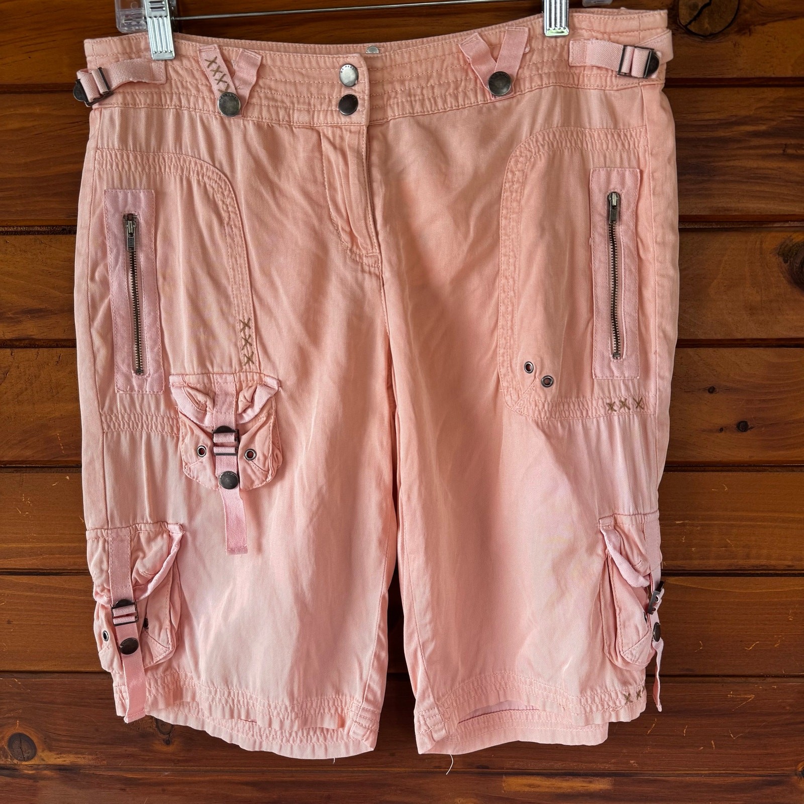 VTG Y2K DANANG Melon Blush Pink Silk Low Rise Embroidered Cargo Shorts Size M