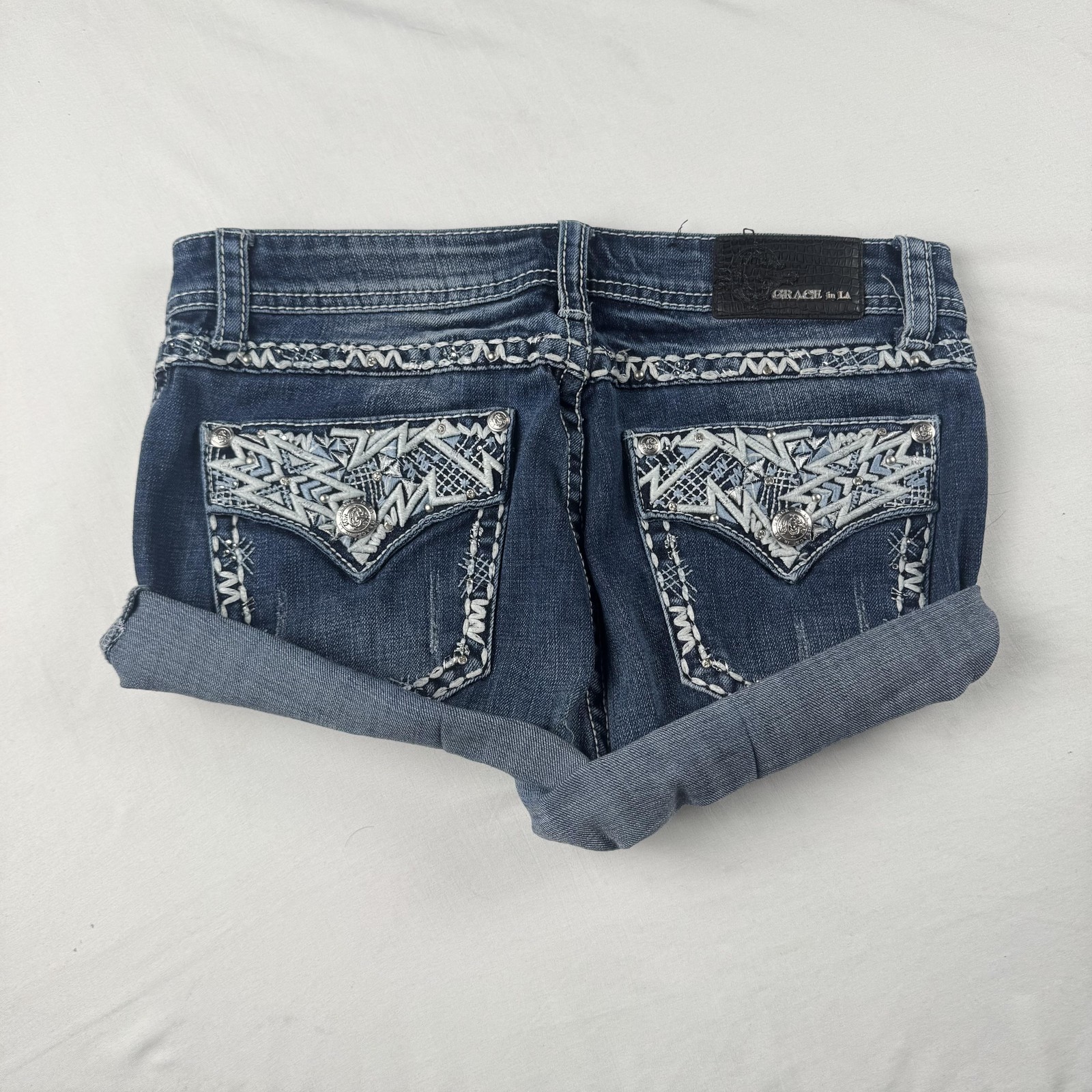 Grace In LA Denim Shorts Womens 30 Blue Rolled Cuff Embellished Pockets Casual