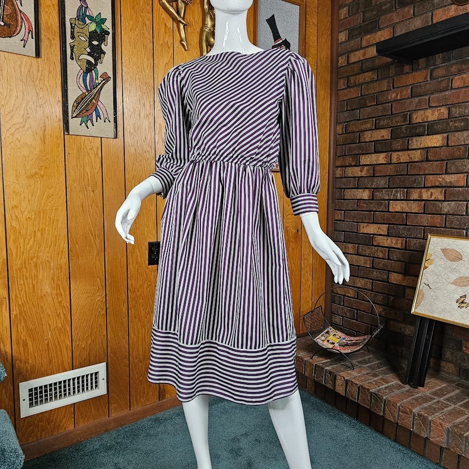 Vintage 80s Contrast Stripe Puff Balloon Sleeve Secretary Office Day Dress XS/S
