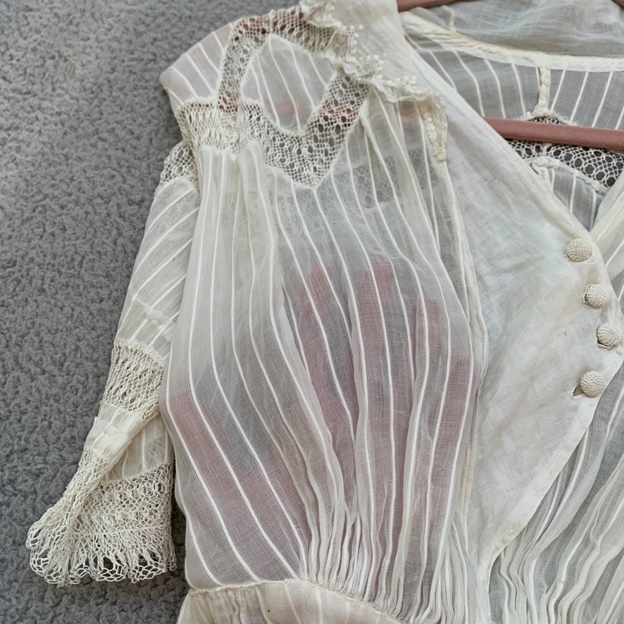Antique Edwardian White Cotton Dress XXS Crochet Lace Lawn Tea Victorian Sheer