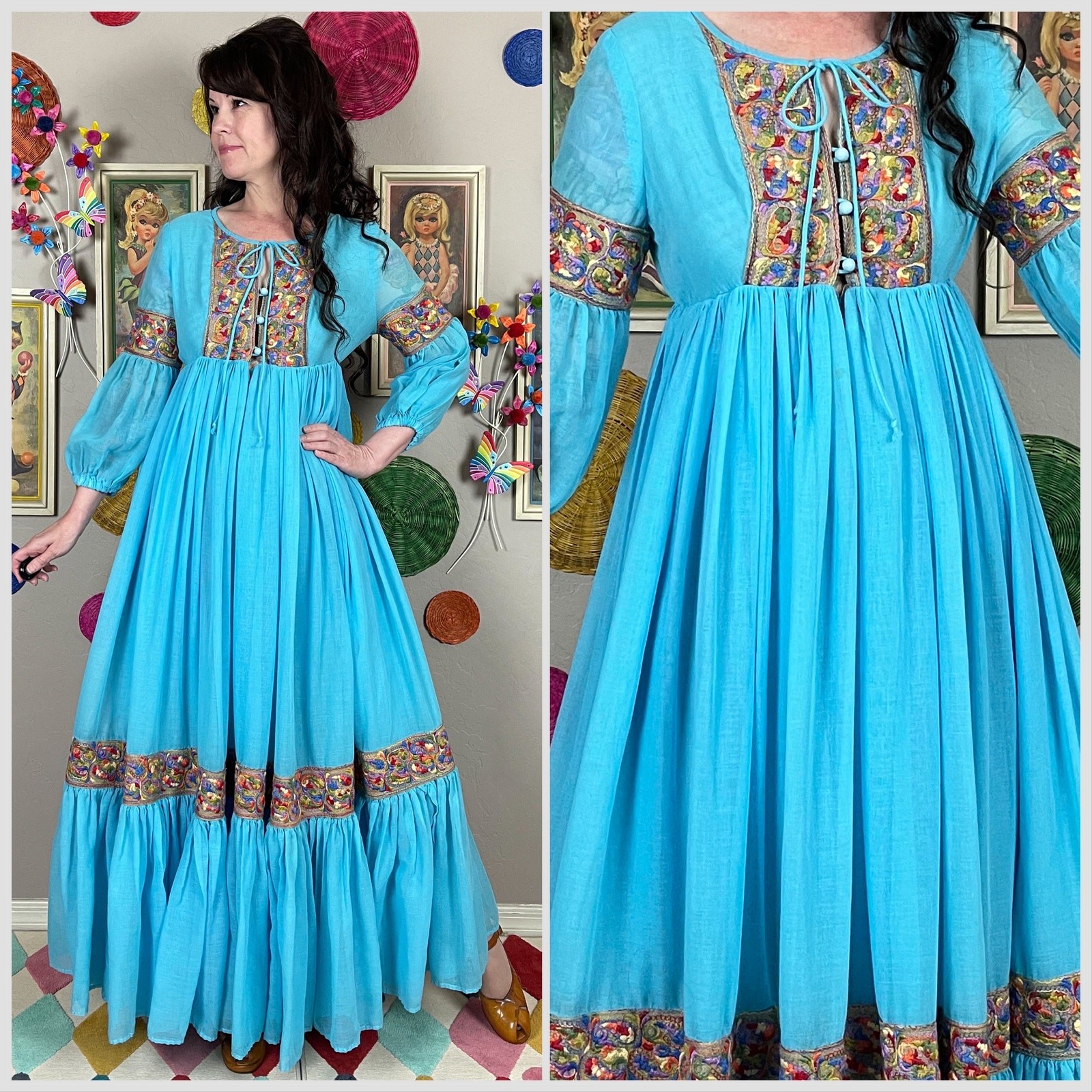 Vintage 1970s Blue Embroidered Boho Gauzy Cotton Peasant Dress | XS/S