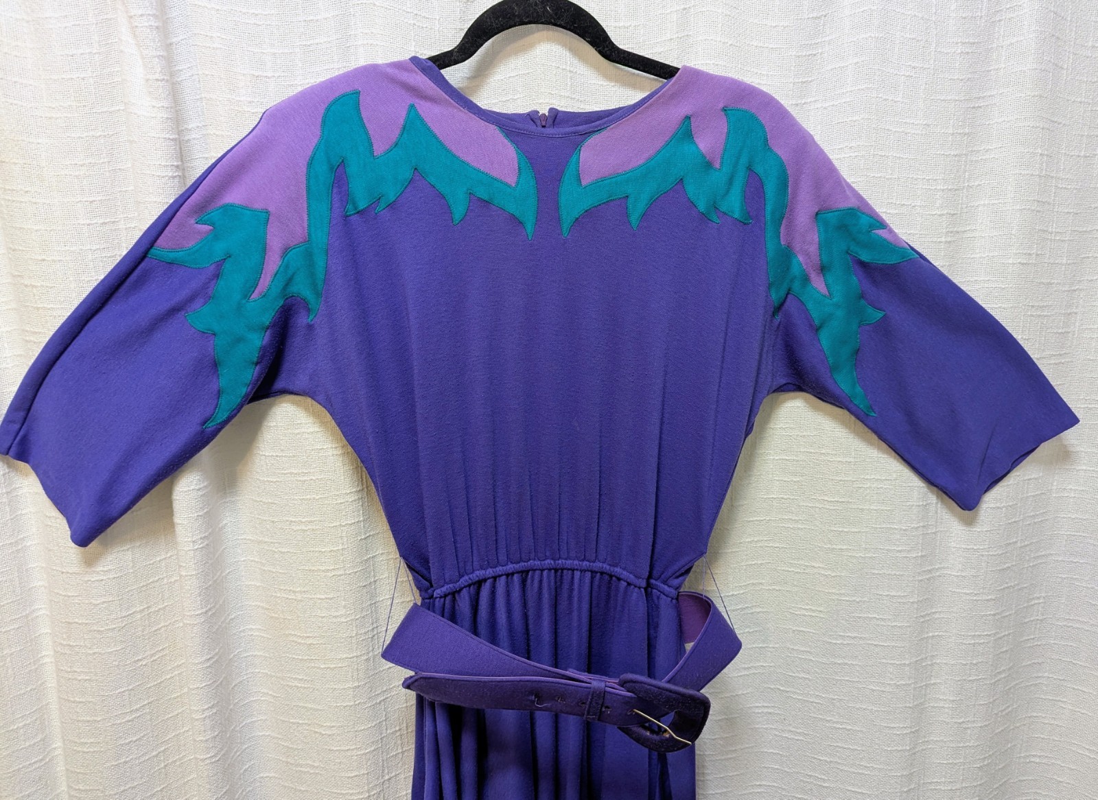Vintage 1980&rsquo;s Peter Popovitch Dress XS–S Plum Teal Appliqué Belted Power Look.