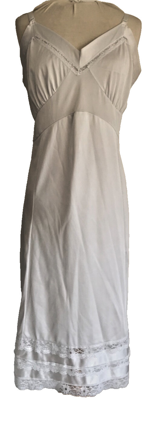 Vintage Wasp Waist White Nylon Slip with Lace Trim Velrose, 38, Adjustable Strap