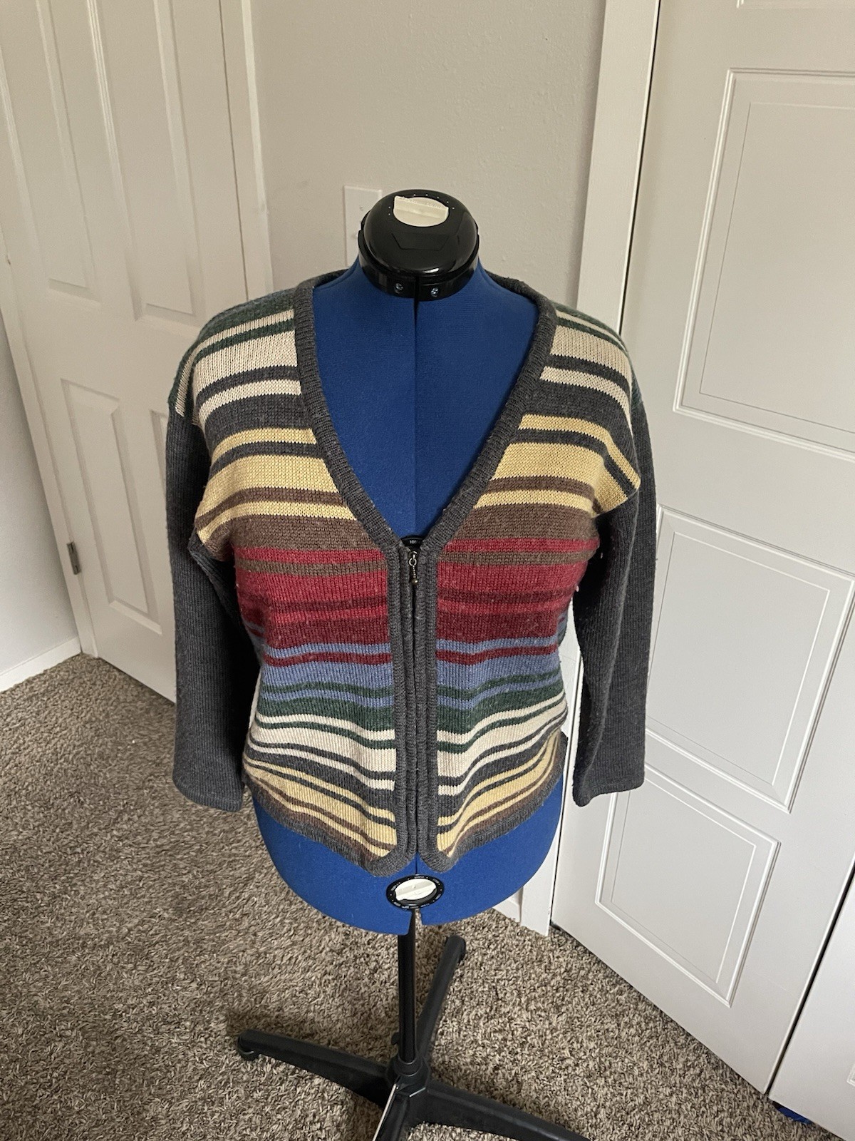 1990s/2000s She Said Small Striped Multicolor Sweater with Zip Up + Grey Back