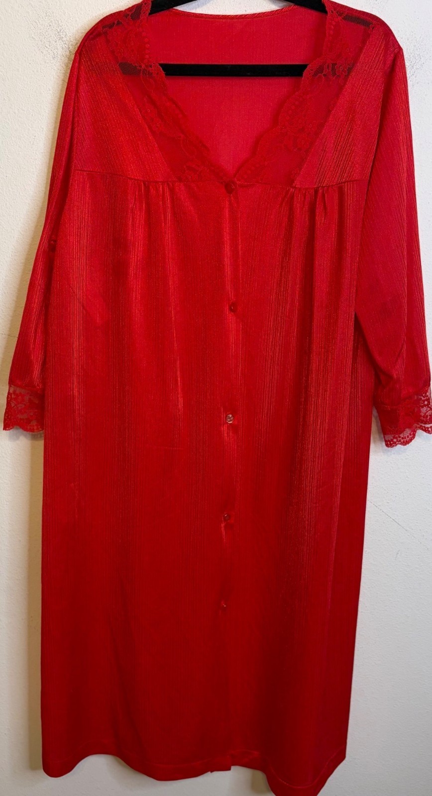 Vintage TEXSHEEN USA Red Lightweight Robe Button Lace Trim MEDIUM Nylon