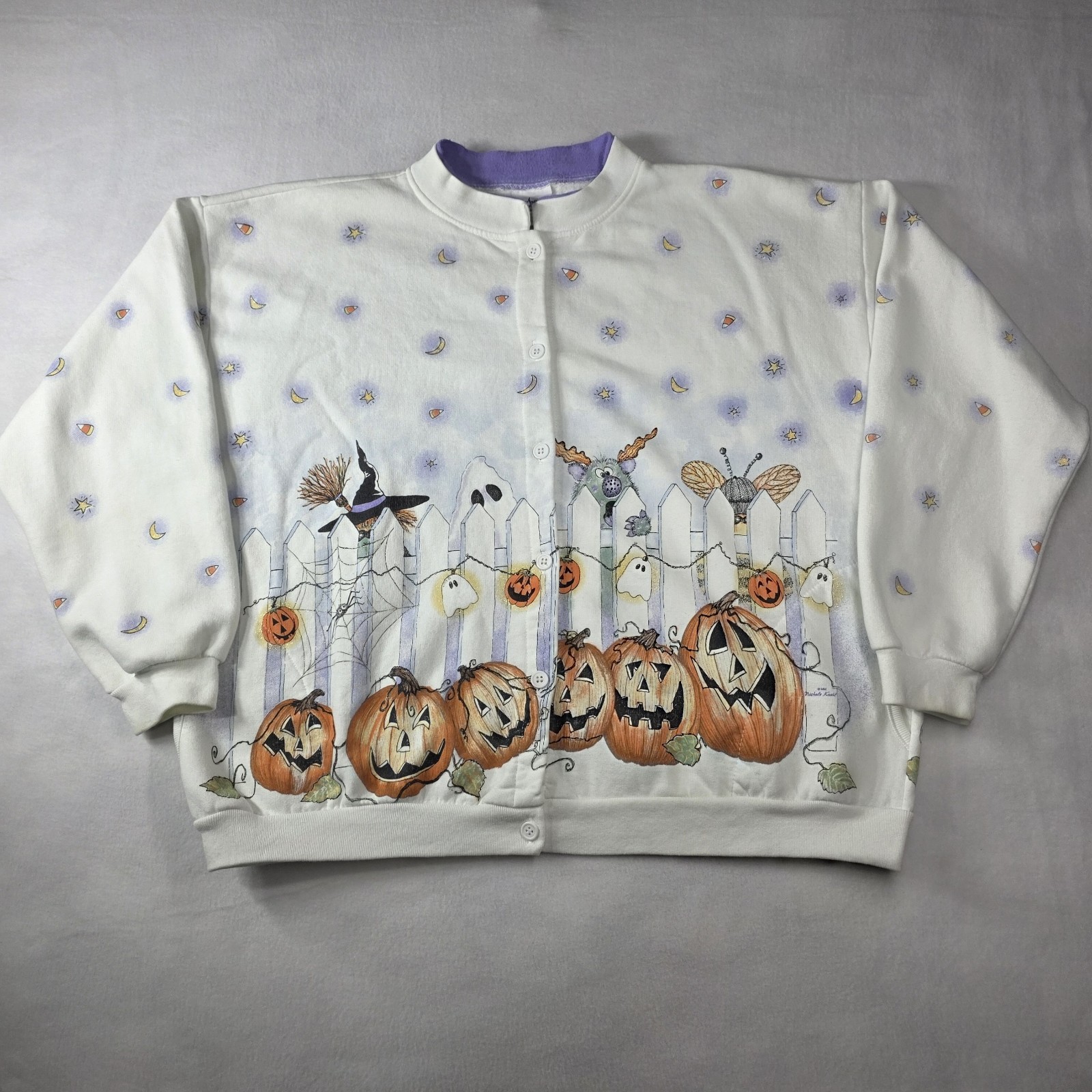 Vtg Artisans XXL Halloween Cardigan Jacket All Over Print Nicole Kuehl Design