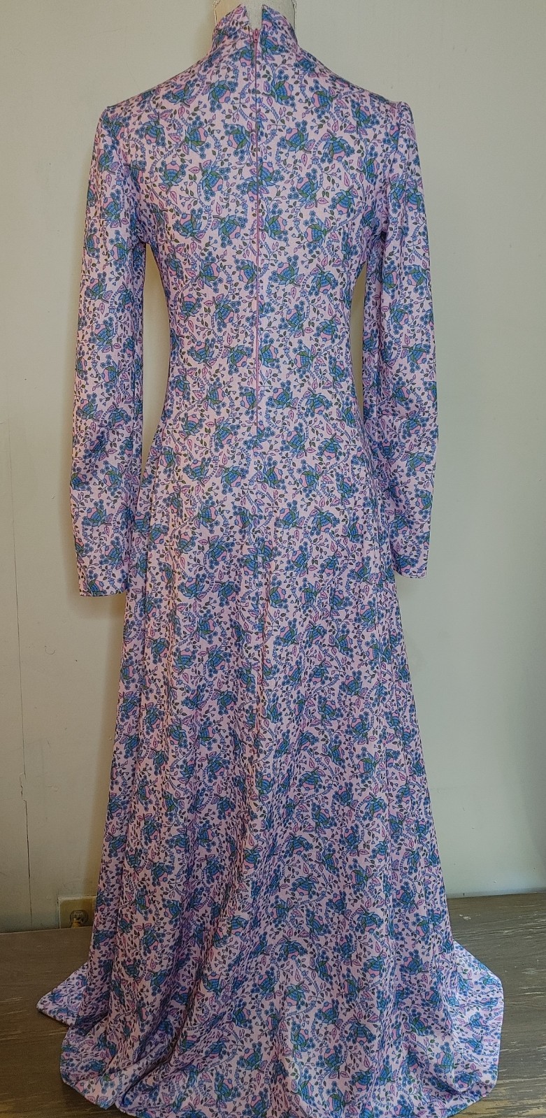 Vintage 70s Handmade Polyester Hostess Gown Pink Maxi Dress Prairie Cottagecore