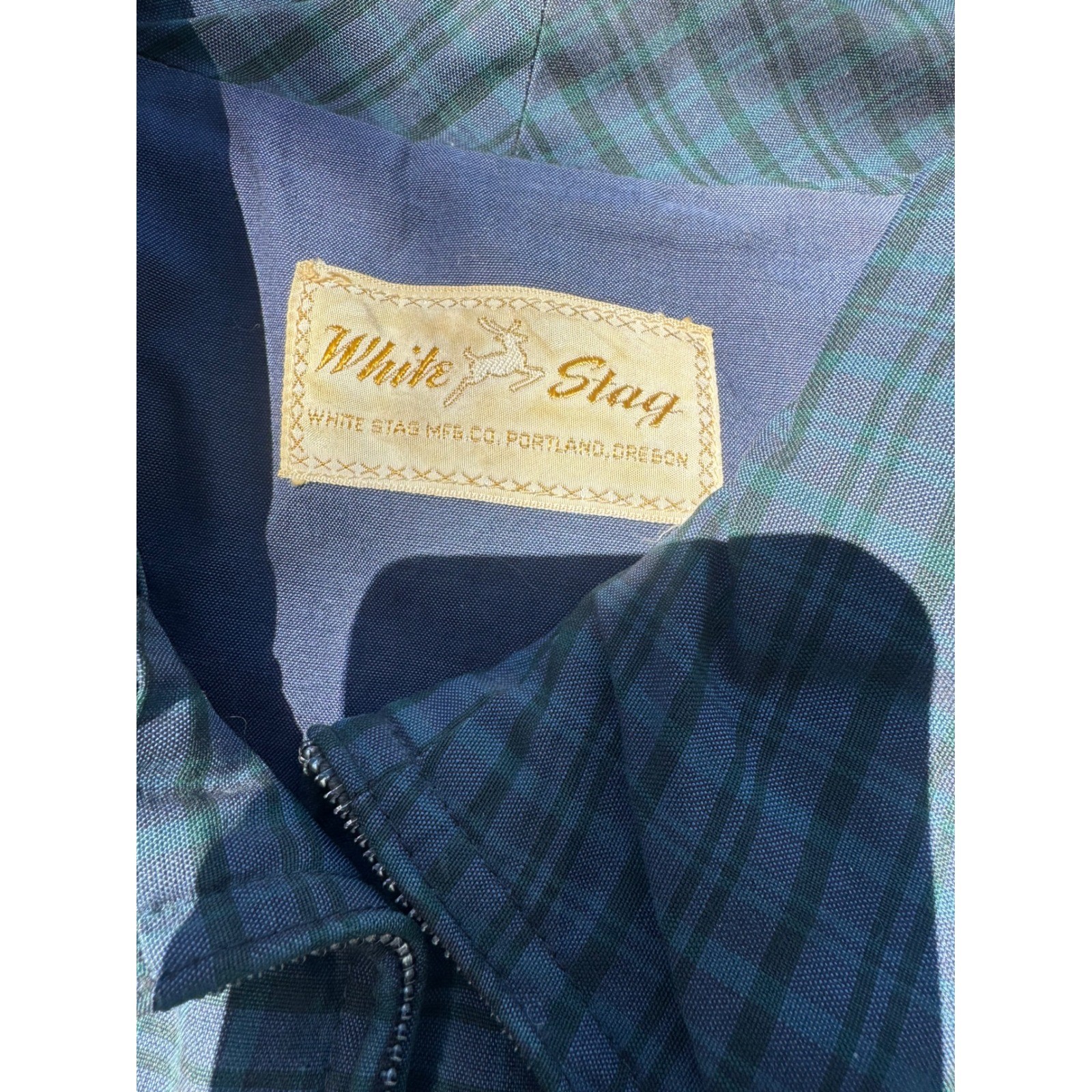 Vintage White Stag Plaid Zip Up Jacket Blue Green Canvas 50s 60s Portland Oregon