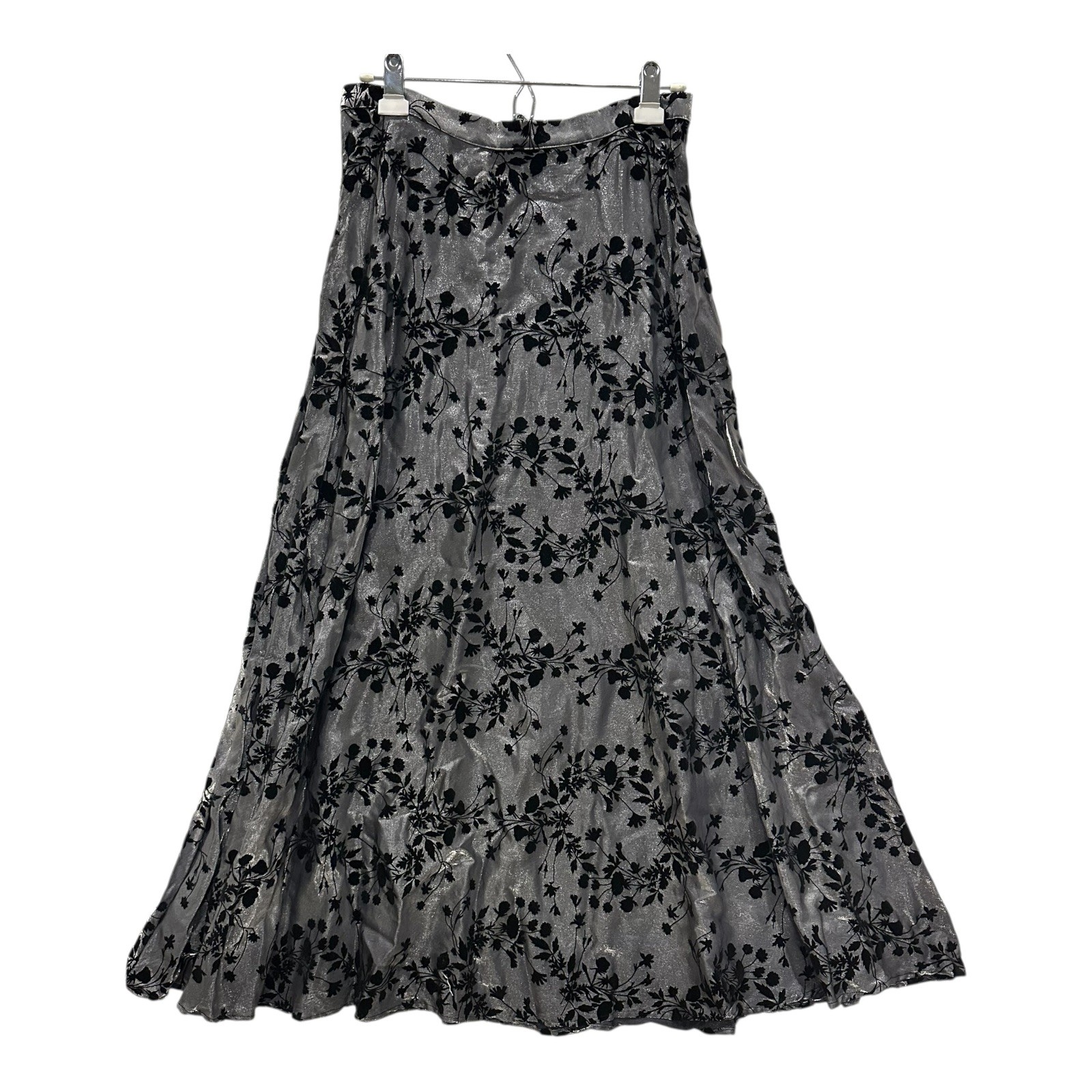 Vtg Ronni Nicole Metallic Silver Floral Flocked Maxi Skirt Size 12 Made In USA