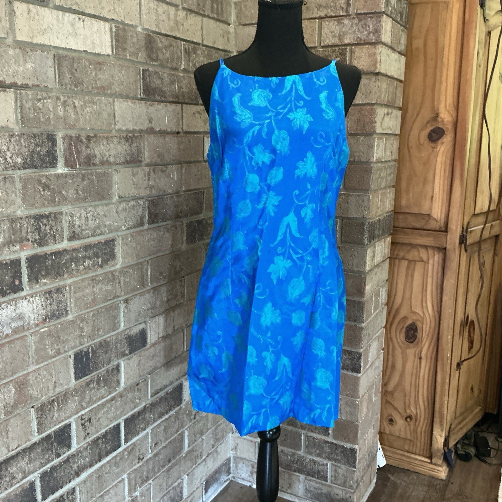 VTG All That Jazz Blue Floral Jacquard Mini Dress Spaghetti Strap Sz 11/12 #36E7
