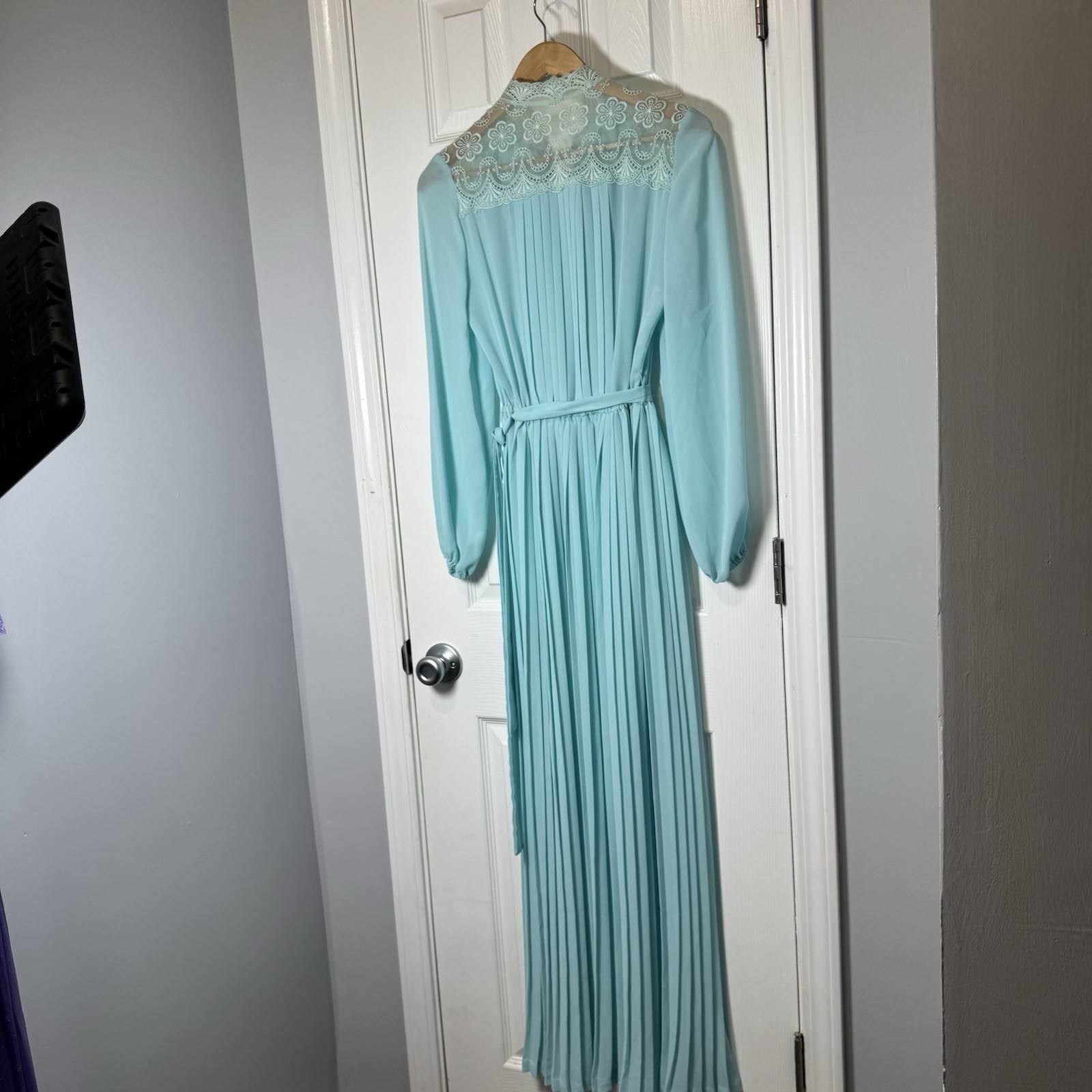 Vintage 70&rsquo;s Blue Maxi Dress Gown Chiffon Mock Neck Lace Evening Gatsby M/L