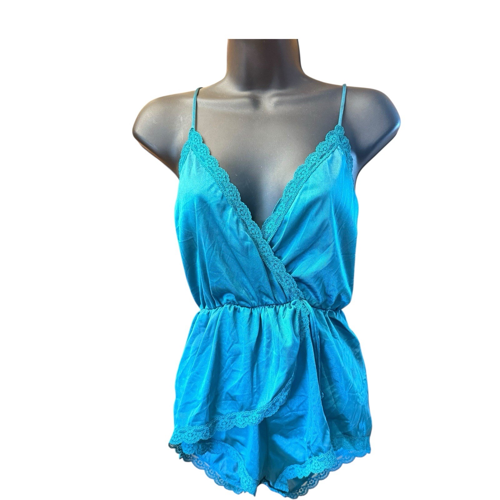 Vintage 70s Flair Teddy Romper Green Satin Nylon Lace ILGWU Small Coquette Boho
