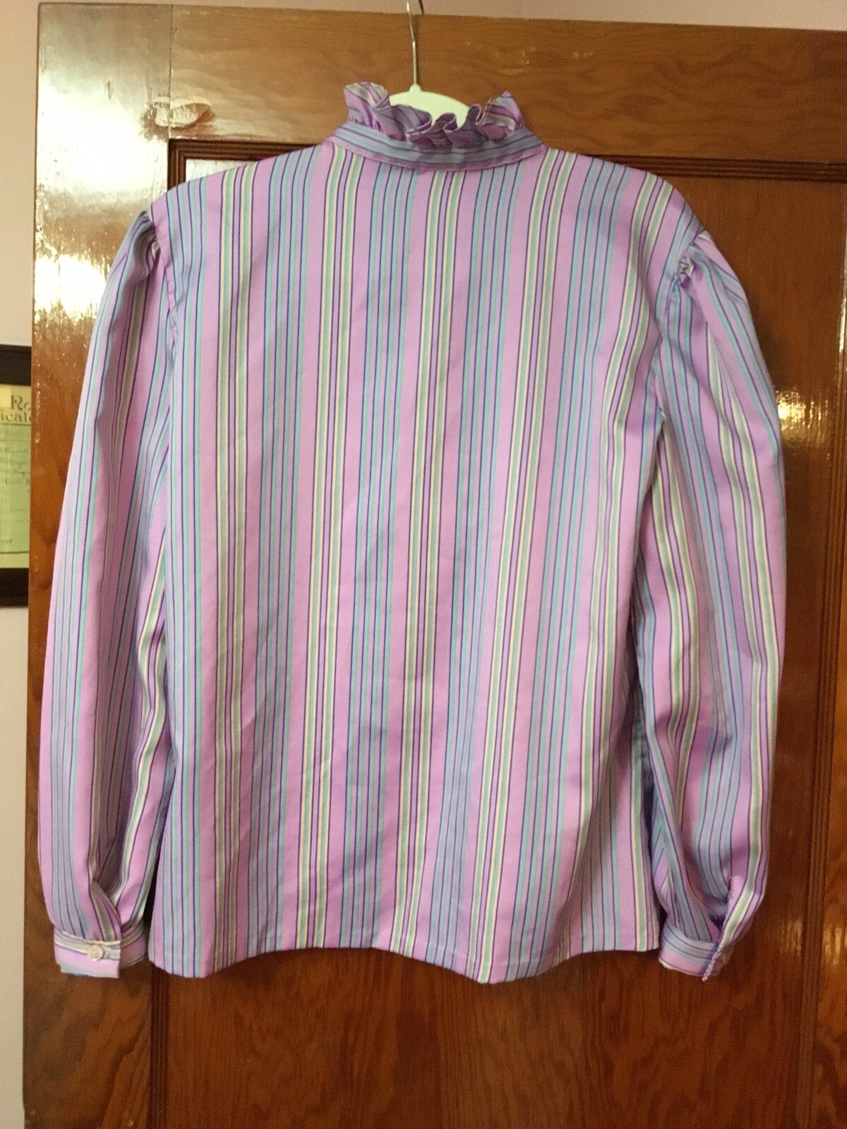 VTG 70s 80s High Ruffle Collar Button Down Violet Purple Blue Striped SZ 16