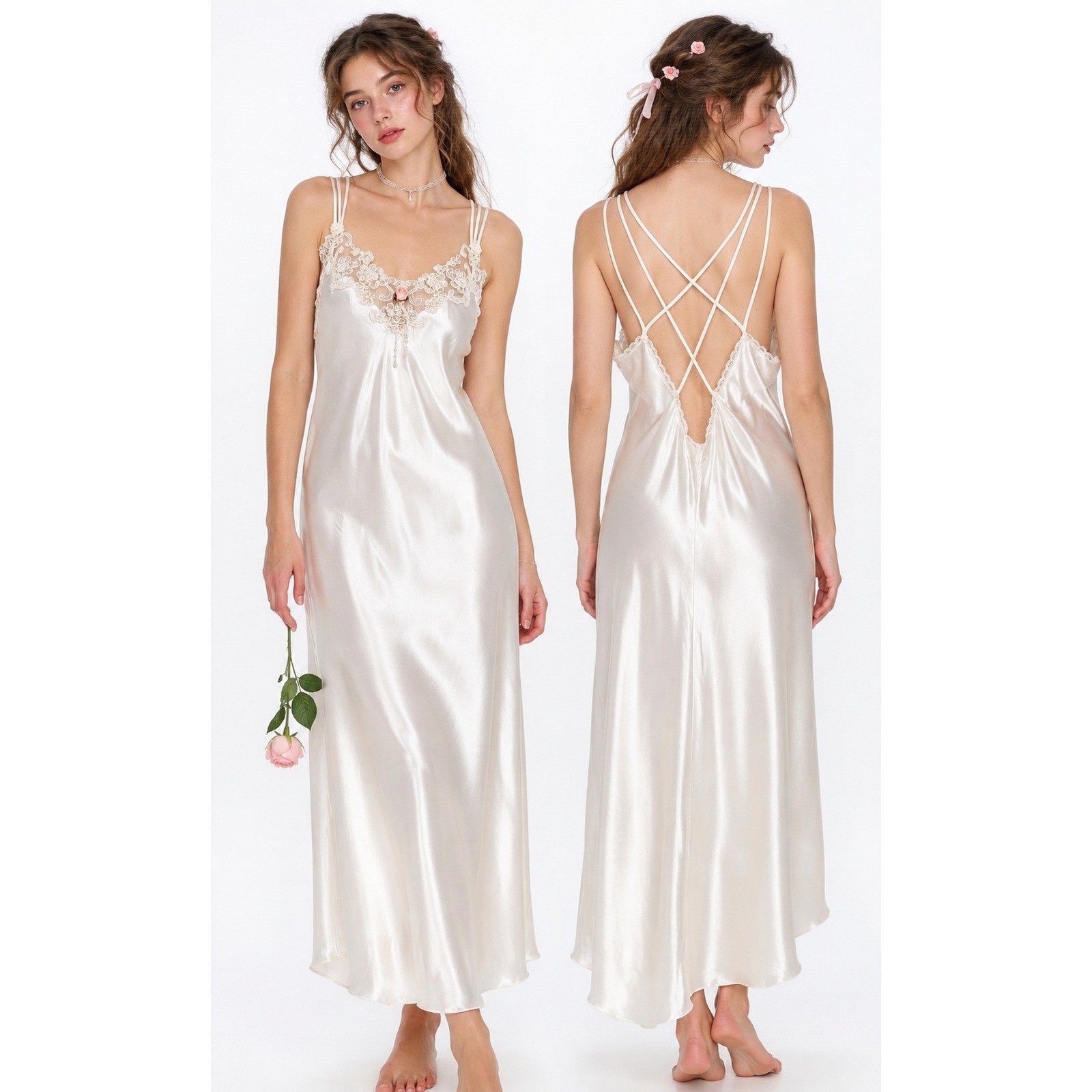 VTG 90s Ivory Satin Slip Maxi Dress Lingerie Lace Bridal Coquette Fairy Glam