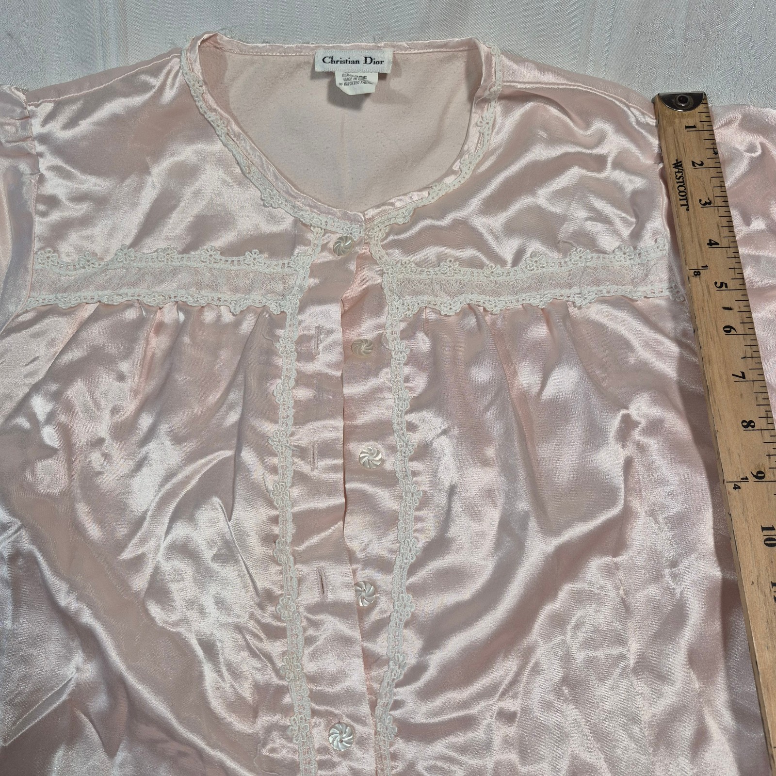 VTG Christian Dior Pink Satin Nightgown Lace Trim Smocked Yoke Size L Cottagecor