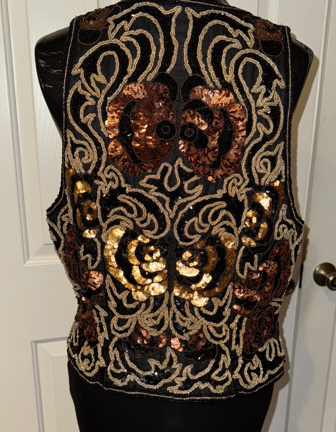 VINTAGE 80&rsquo;s Silk Beaded Sequin Vest BLACK TIE BY HE-RO Black Gold Copper L