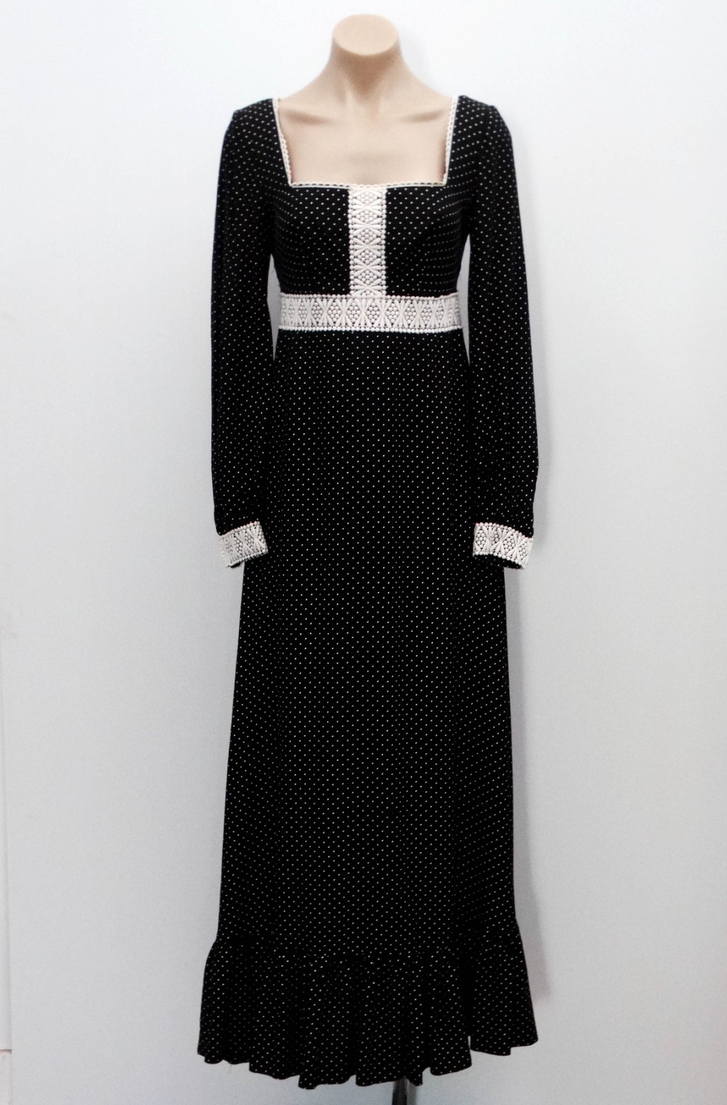 VINTAGE 60s 70s Young Edwardian Black White Polka-dot Lace Maxi Dress S! Prairie