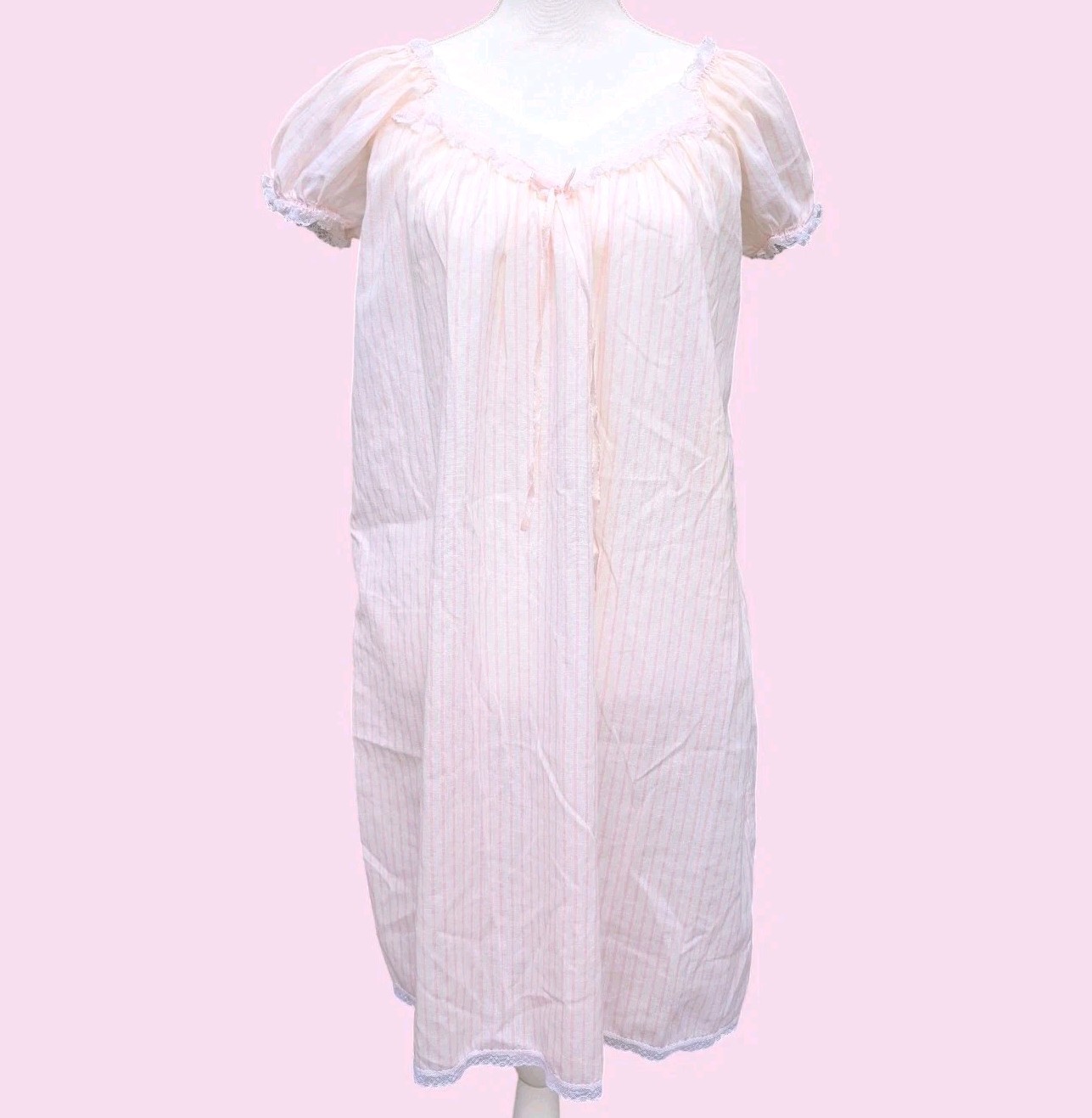 Vintage 80s Miss Elaine Nightgown Pink Stripe Lace Union Made USA Puff Sleeve S