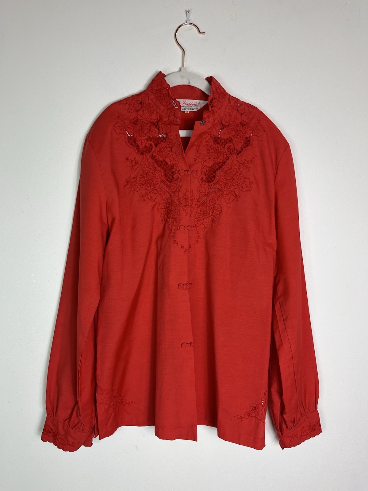 Vintage Daffodil Red Embroidered Blouse S Artsy Lace Button Top China Style Rare