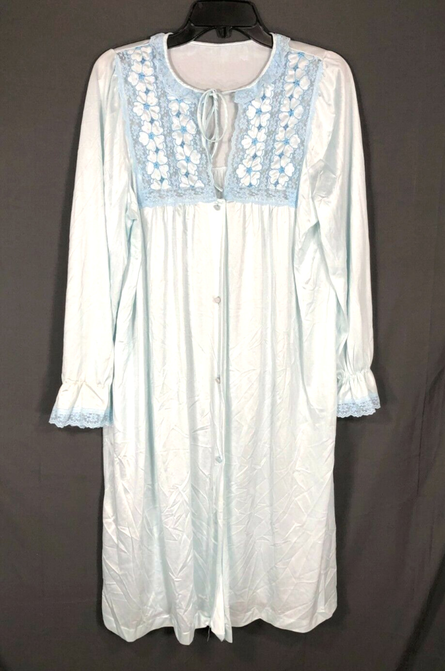 VTG GOSSARD ARTEMIS Shiny Slippery NYLON & LACE Button-Up Robe AQUA BLUE sz L
