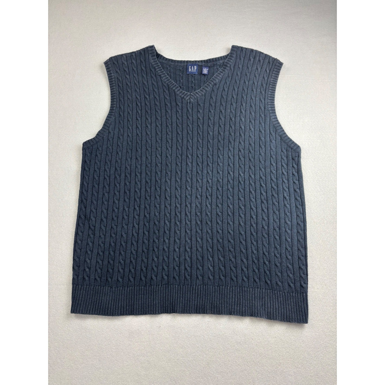 Vintage GAP Cable Knit Sweater Vest Womens Large 100% Cotton Navy Blue V-Neck