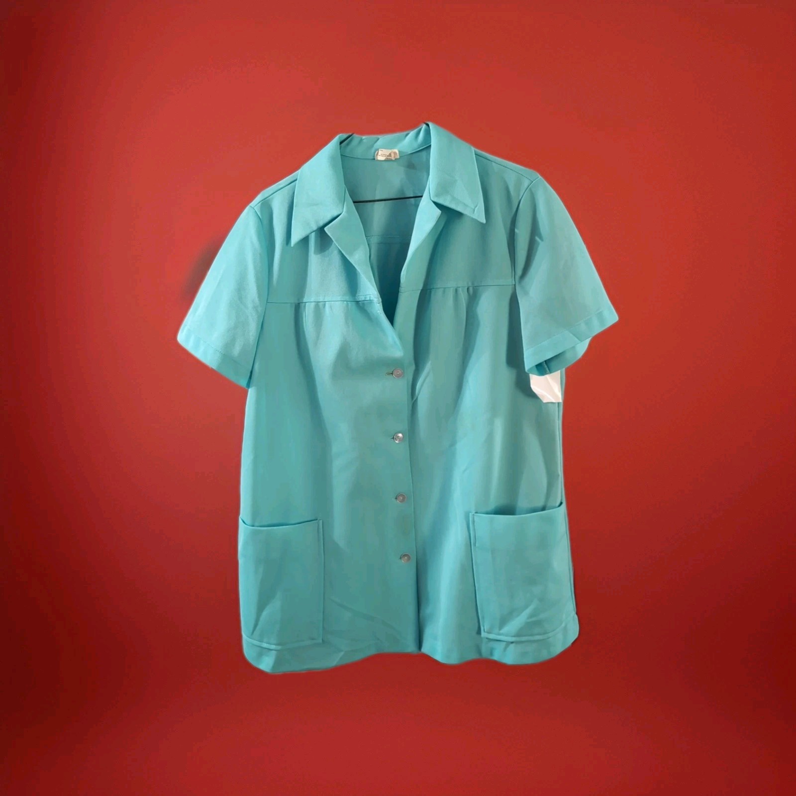 3Ps Vtg Shirt Top Blouse Long Smock Shirt Cotton Pointy Collar Retro 70s Teal