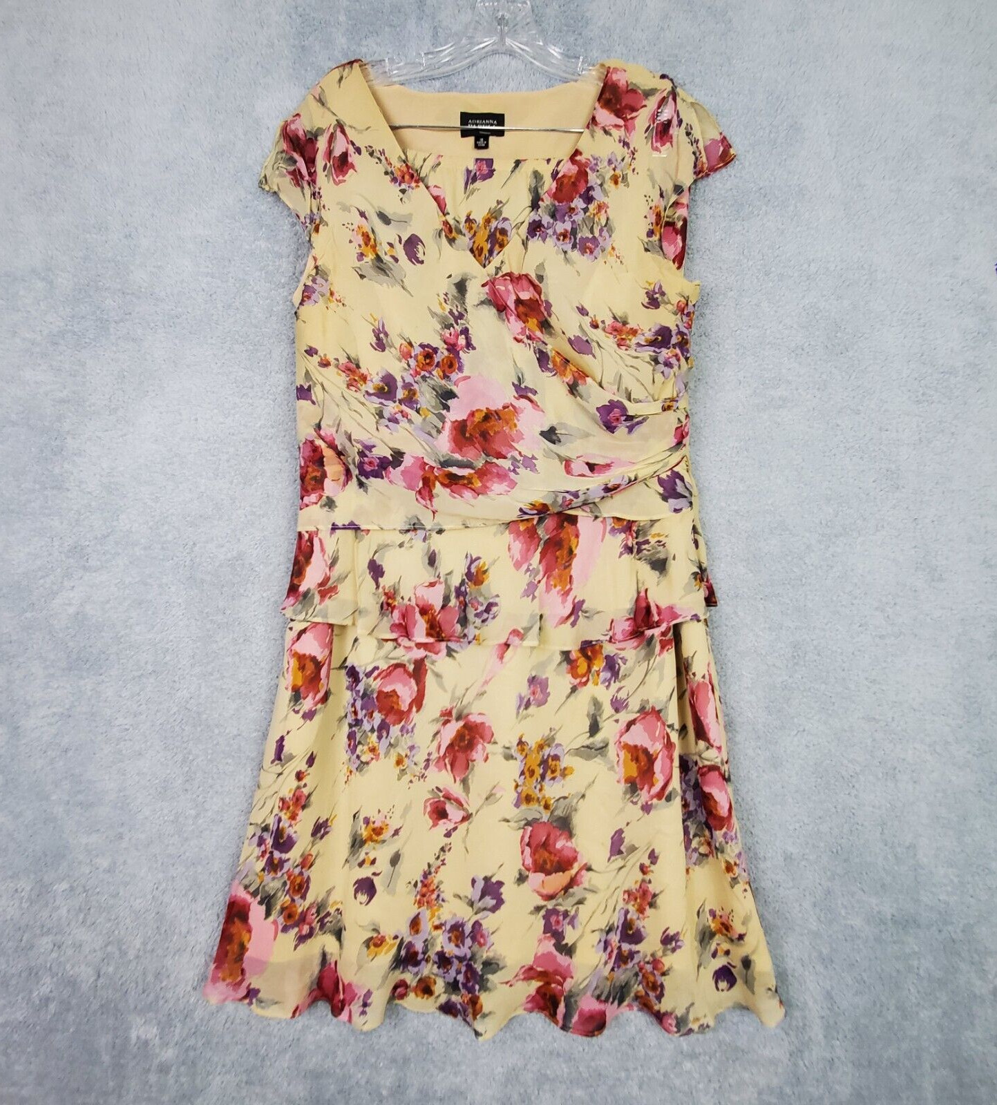 Vtg Adrianna Papell Silk 2 Pc Set Sz 16 Beige V Neck Blouse A Line Skirt Floral