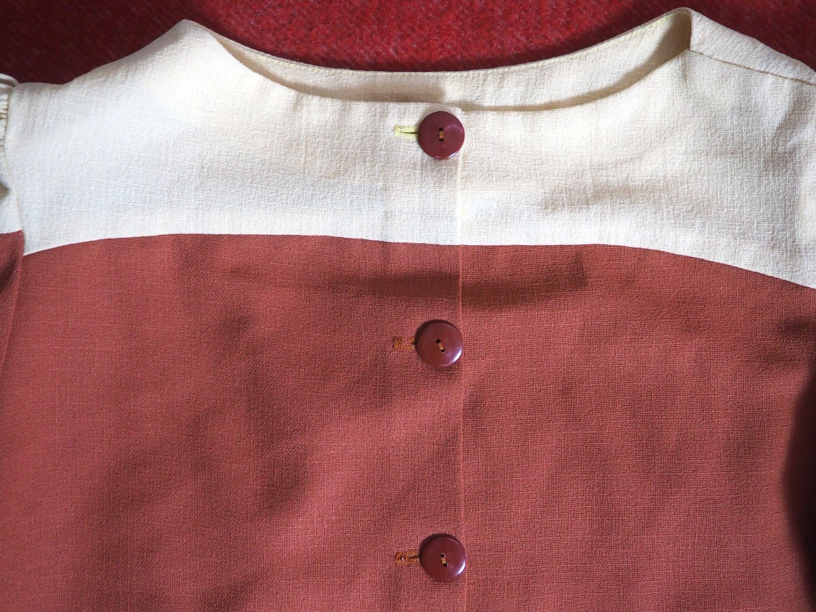 VTG 50s 60s Cream Brown Poly Hippy Boho Rockabilly Swing Button Crop Top Shirt M