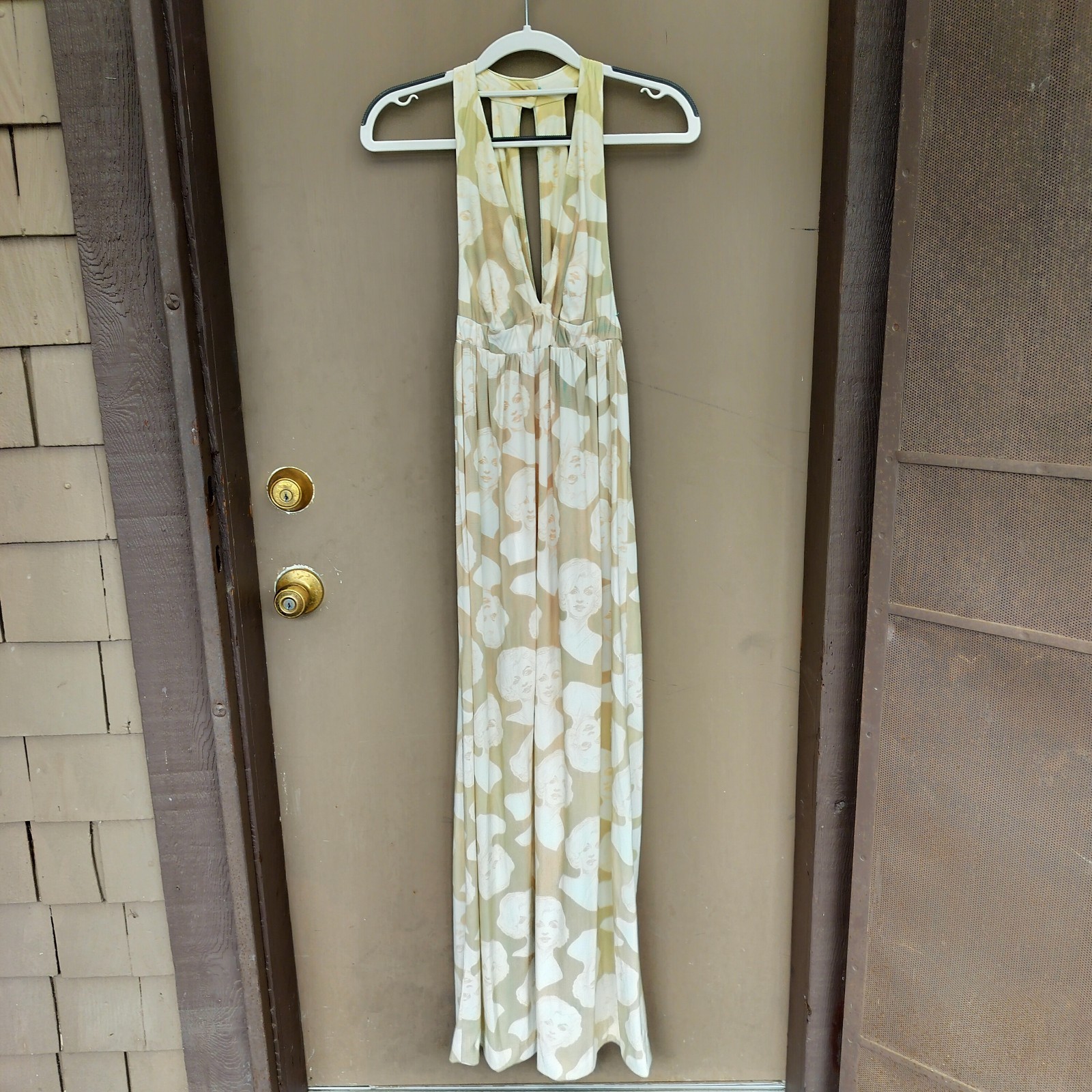 Vintage Rare 1970s Young Edwardian Cream Tan Sleeveless Marilyn Print Maxi Dress