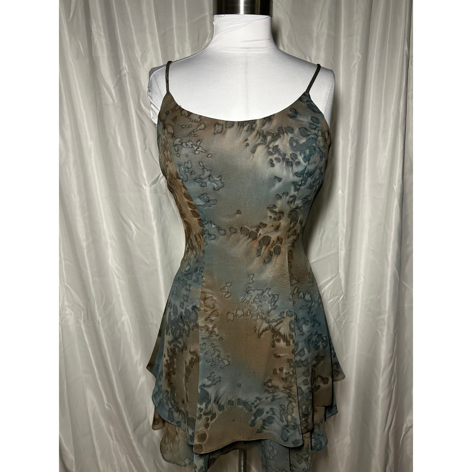 Vintage Rampage Blue Brown Abstract Print Tiered Ruffle Mini Dress 90s Y2K