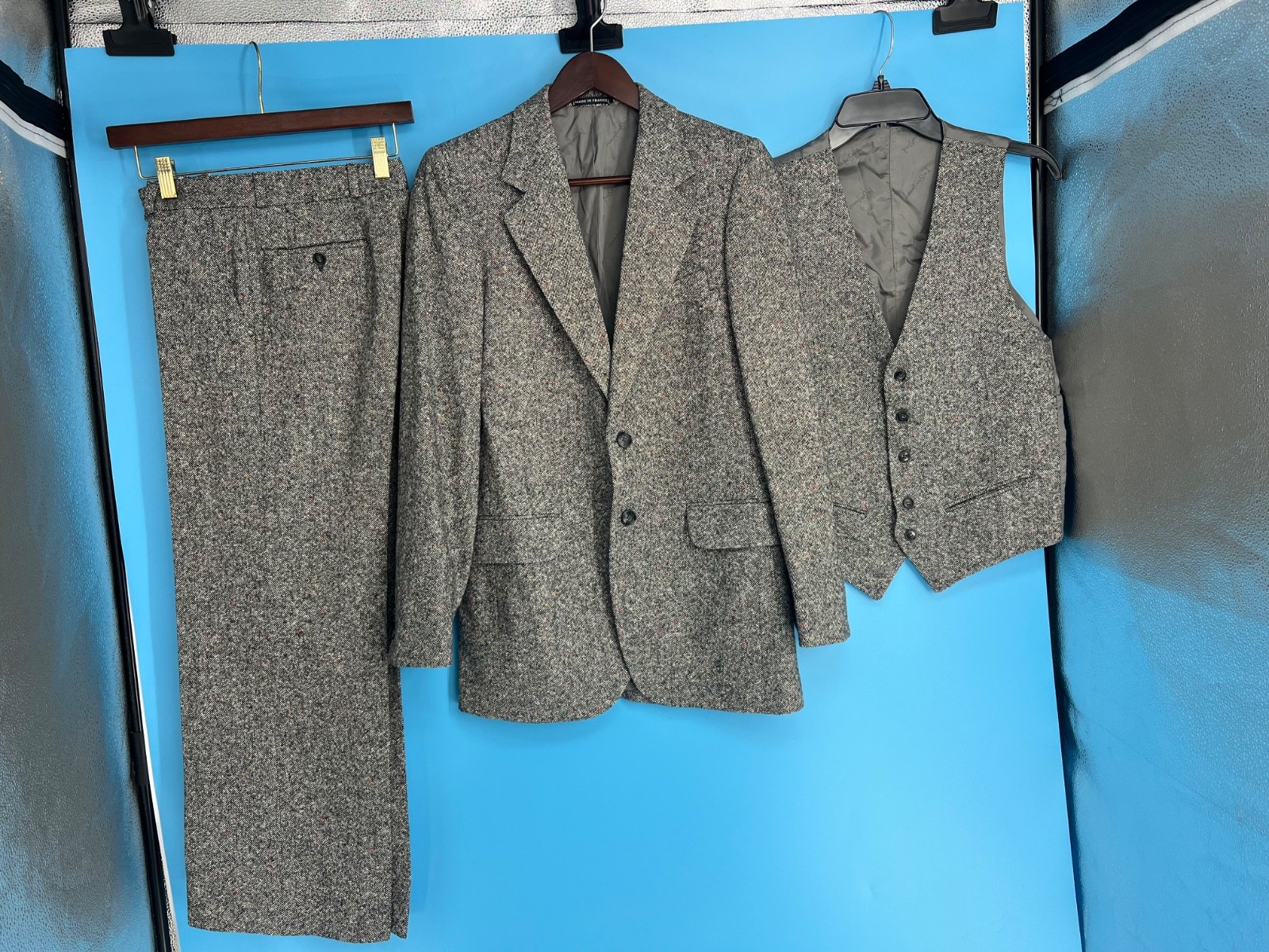 Rare Vtg 1970s Yves Saint Laurent Donegal Tweed Speckle 3pc Suit Jacket Pants