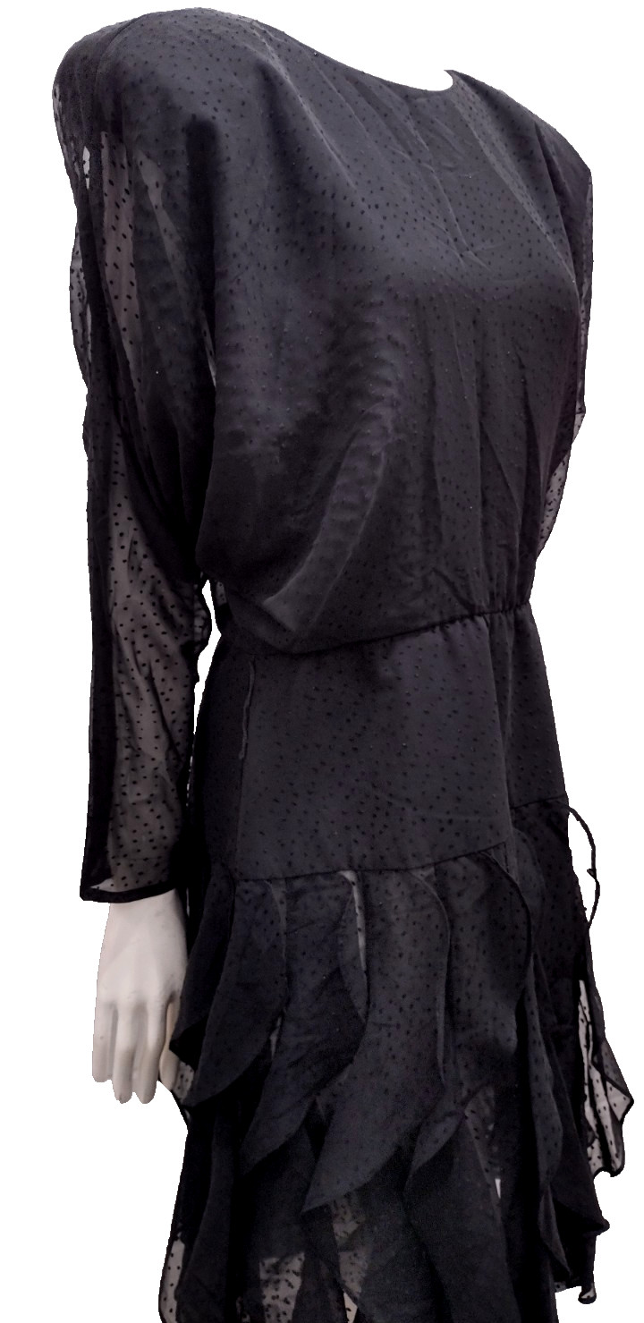 1980s Batwing Sheer Chiffon Dress Black Flapper Scallop 80s Dolman Sleeves M/L
