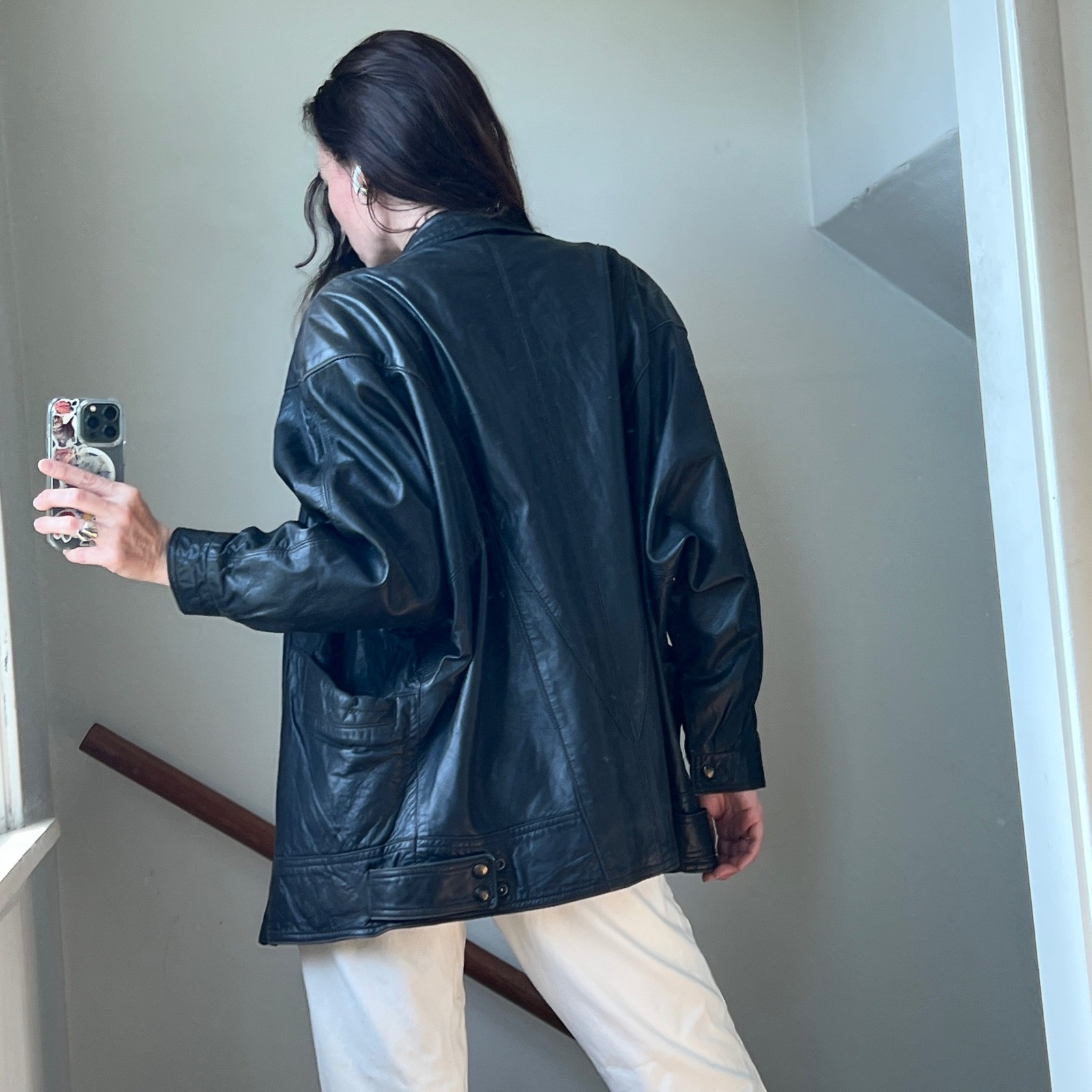 Vintage 80s Leather Jacket Black Biker Moto Dolman Sleeve Batwing Oversized USA