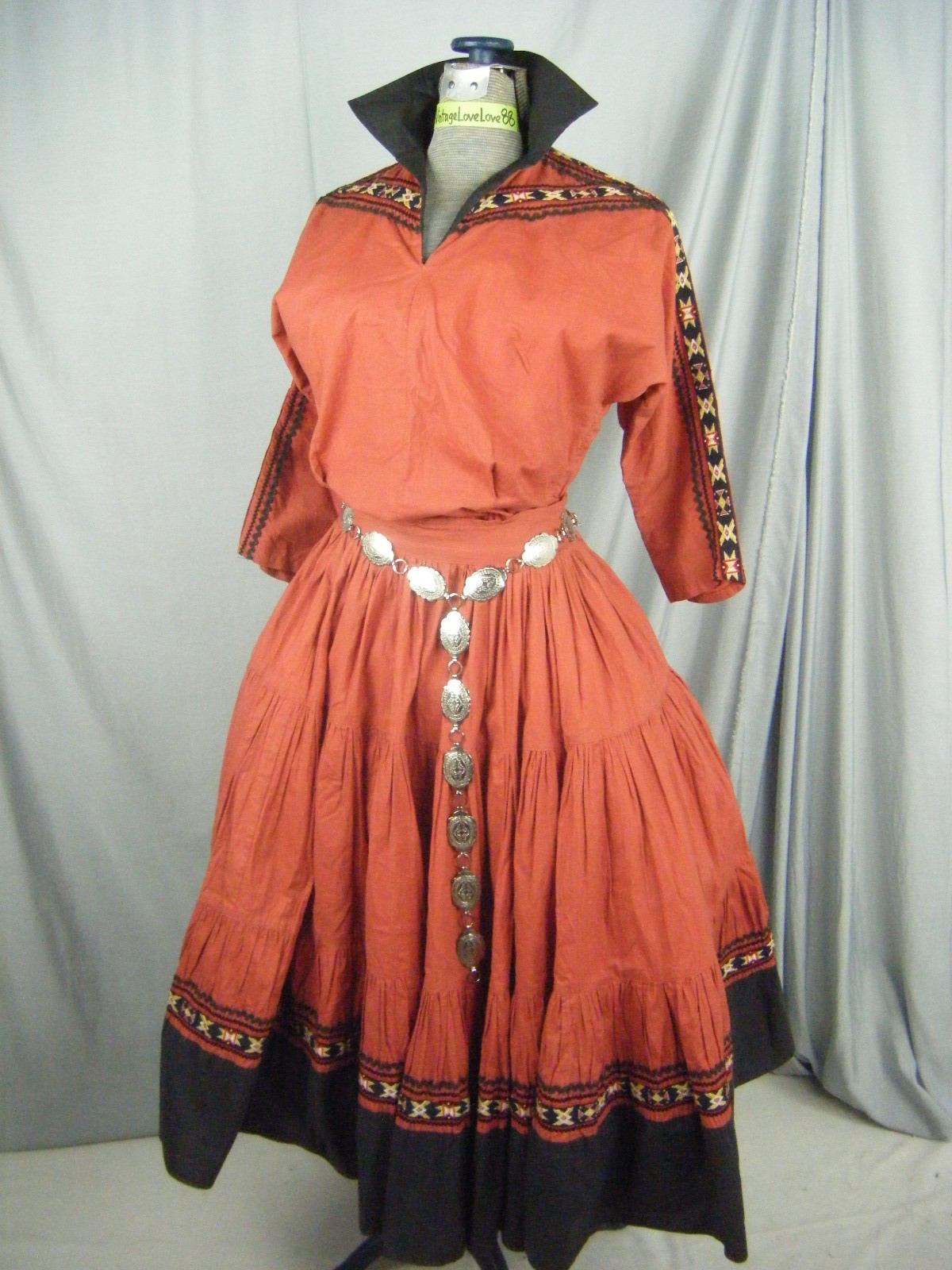 ALBERTA AZ Vtg Blk Orange Southwestern Patio Cotton Top & Skirt-Bust 39/Waist 23