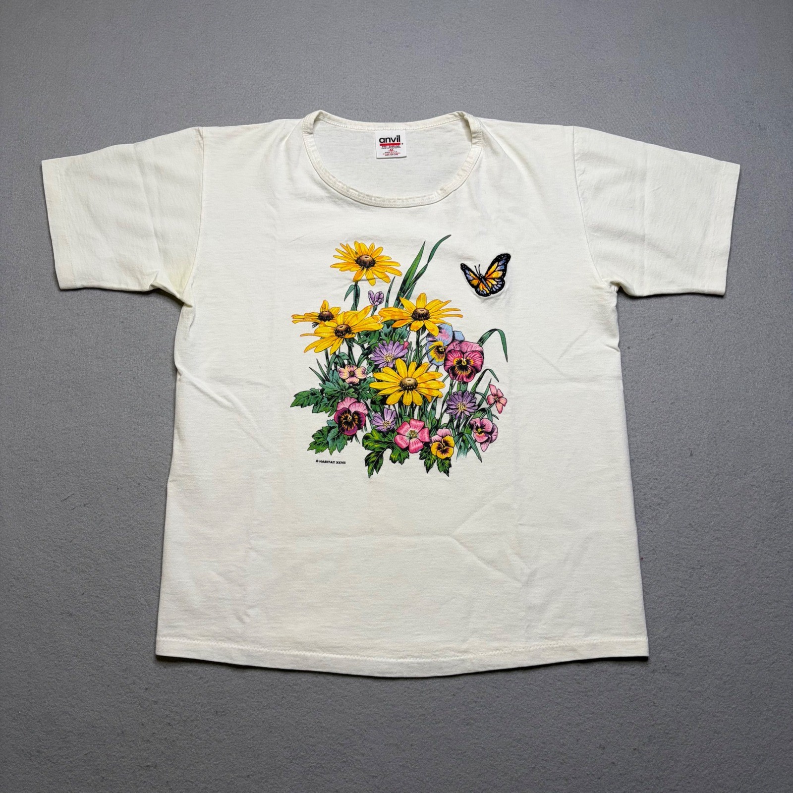Anvil Graphic Tee Women M White Habitat XCVI Floral Butterfly Vintage 90s