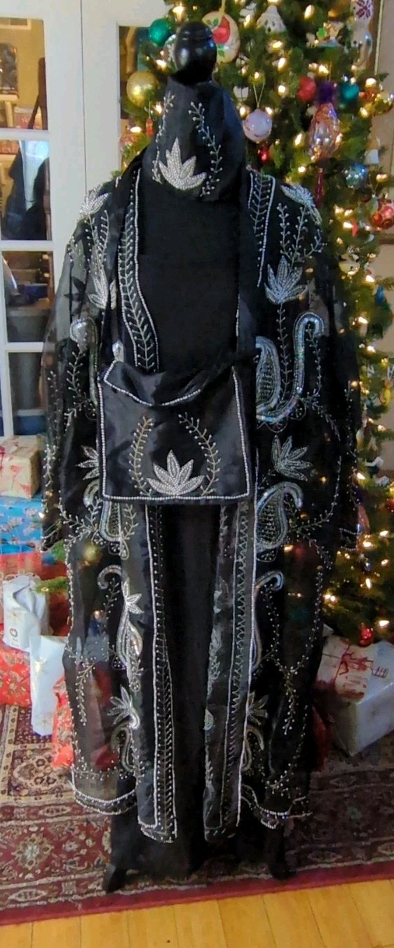 Vintage 80s Tan Chho Black Beaded Sequin Duster Dress 4 Piece Set, Women&rsquo;s 2X