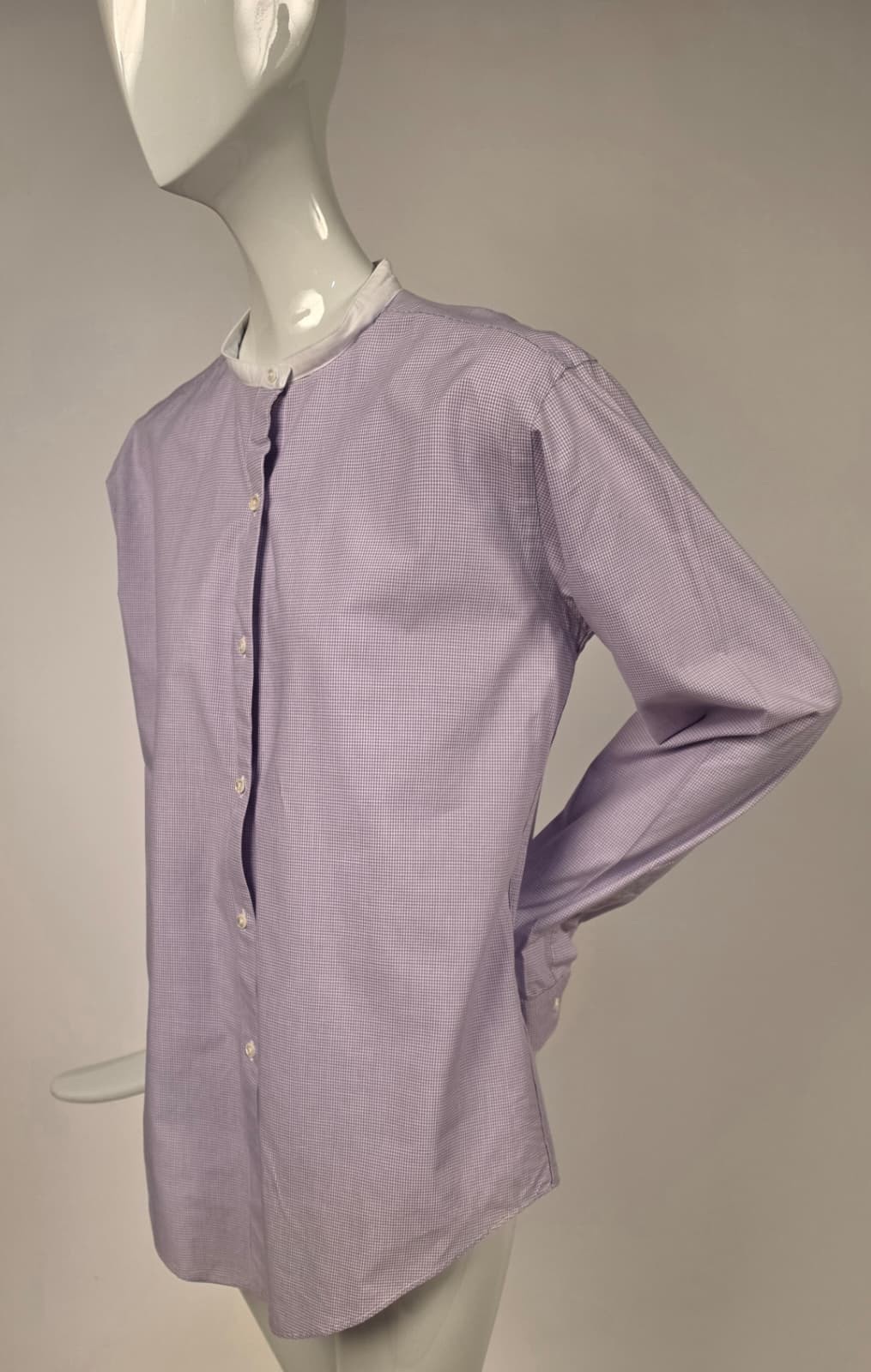 VINTAGE EARLY 1980’S LAVENDER CHECK COTTON SHIRT W WHITE BAND COLLAR