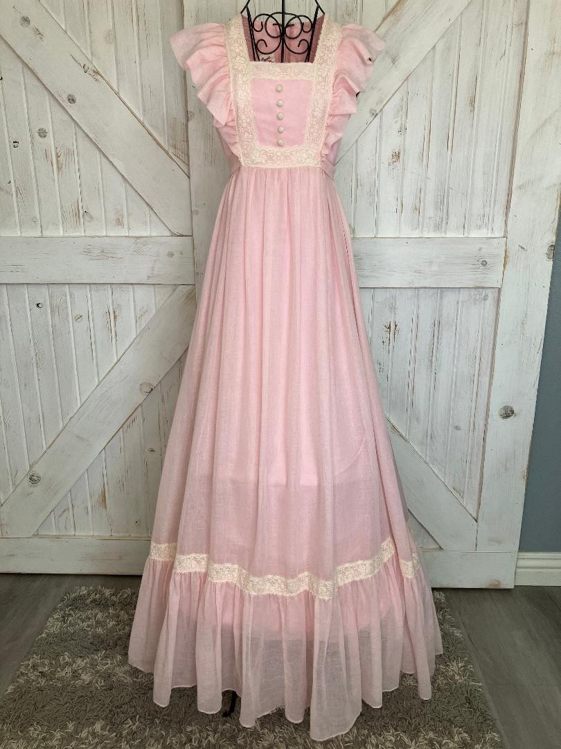 70&rsquo;s Vintage Candi Jones California Pink Princess Ivory Lace Prairie Maxi Dress