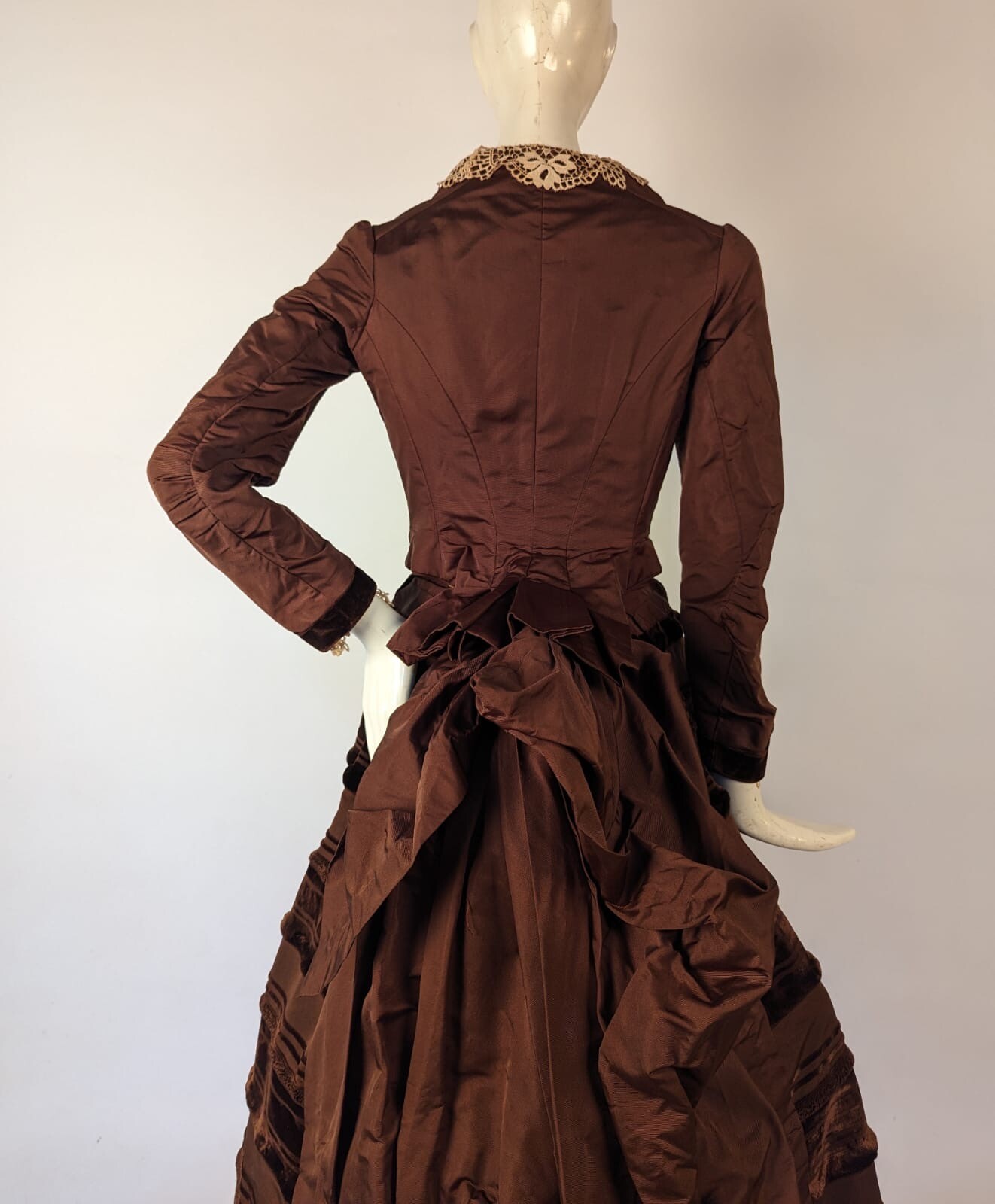 VICTORIAN 1880’S SILK BUSTLE DRESS W VELVET STRIPING + LABEL + BUILT IN BUSTLE