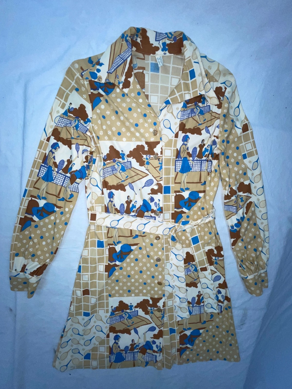 VTG 60S 70S WOMENS S TENNIS ALL OVER PRINT DISCO RETRO FUN CUTE DRESS