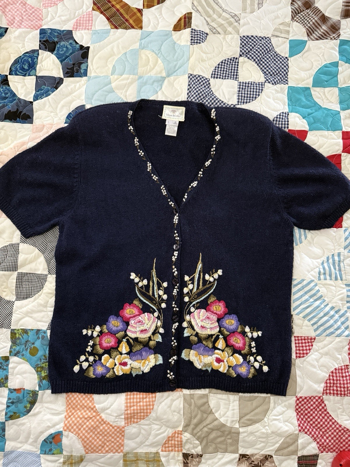 Vintage 1996 Susan Bristol Hand Embroidered Short Sleeve Button Down Blouse