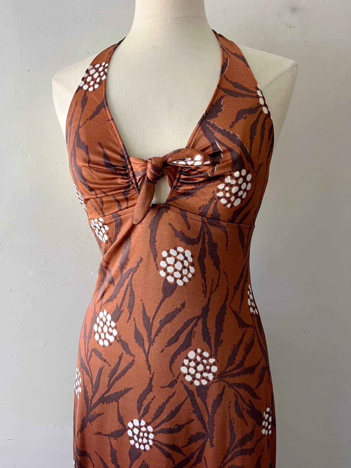 Vintage 70s Copper Rust Floral Halter Maxi Dress Boho Small Medium