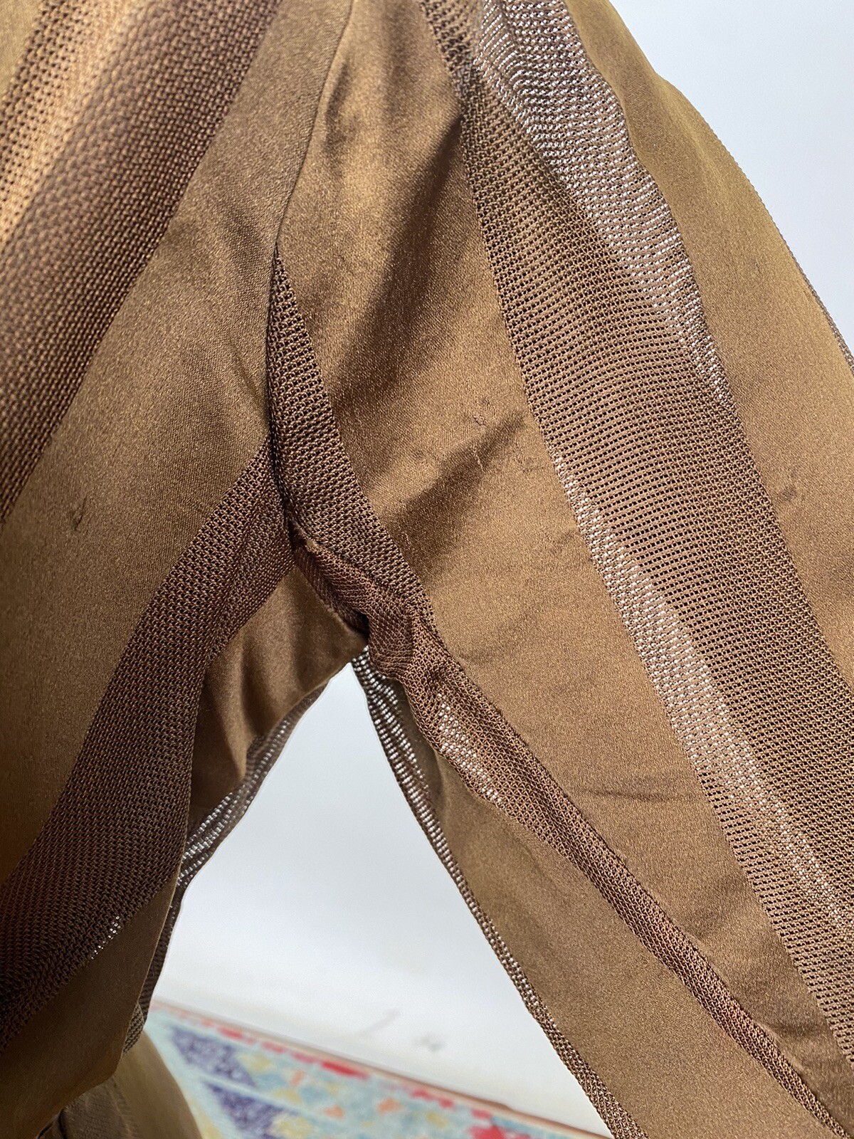 Brown Silk Net Striped Antique Victorian Walking Dress Edwardian 1900s AS IS