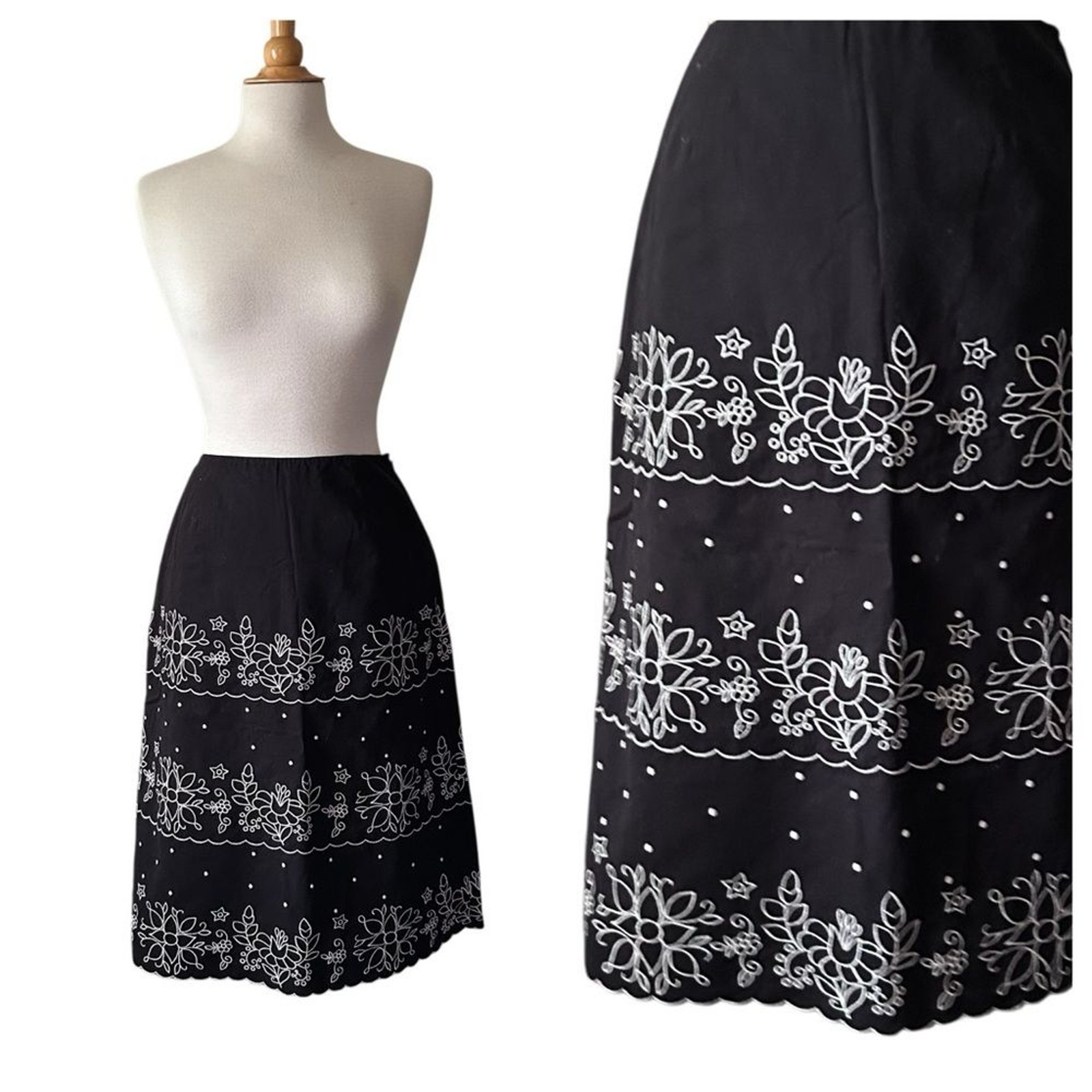 Harold’s Black White Embroidered Midi Skirt – Size 8