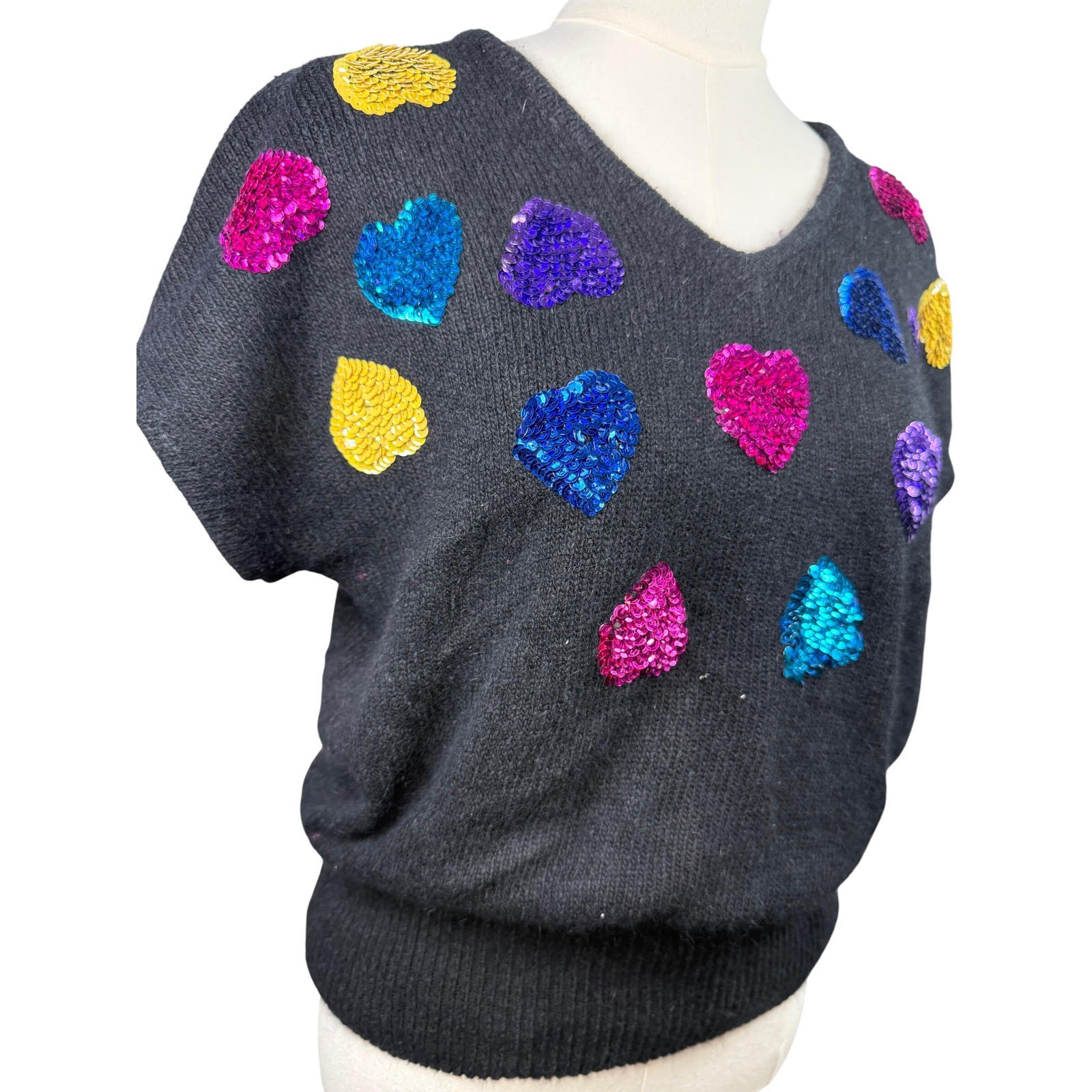 Vintage Rafferty Silk Angora Sequin Heart Sweater Black V-Neck Short Sleeve L